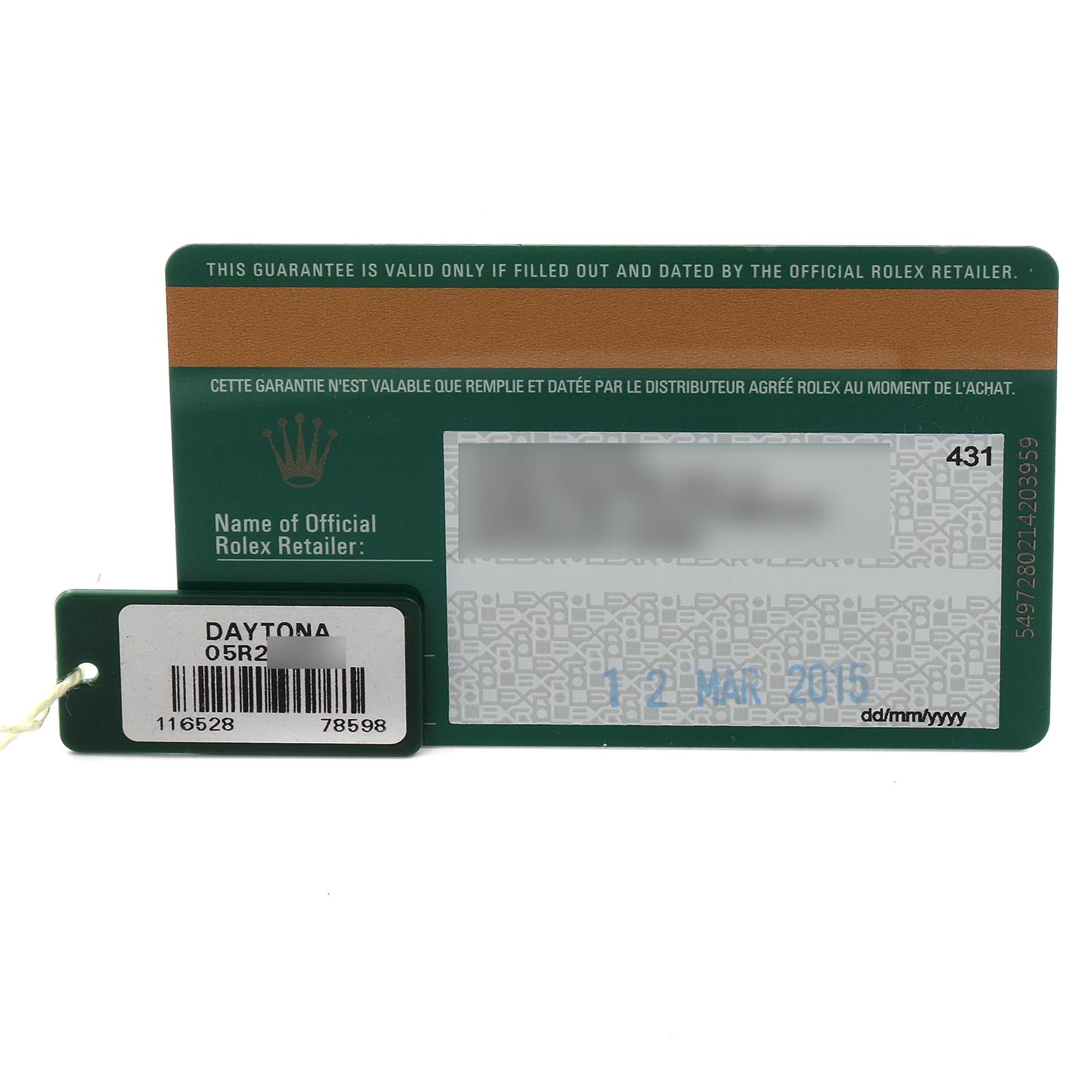 This image shows a Rolex Daytona 116528 Men's Yellow Gold Champagne Dial 116528 Men's Yellow Gold Champagne Dial model warranty card and a barcode tag with product details.