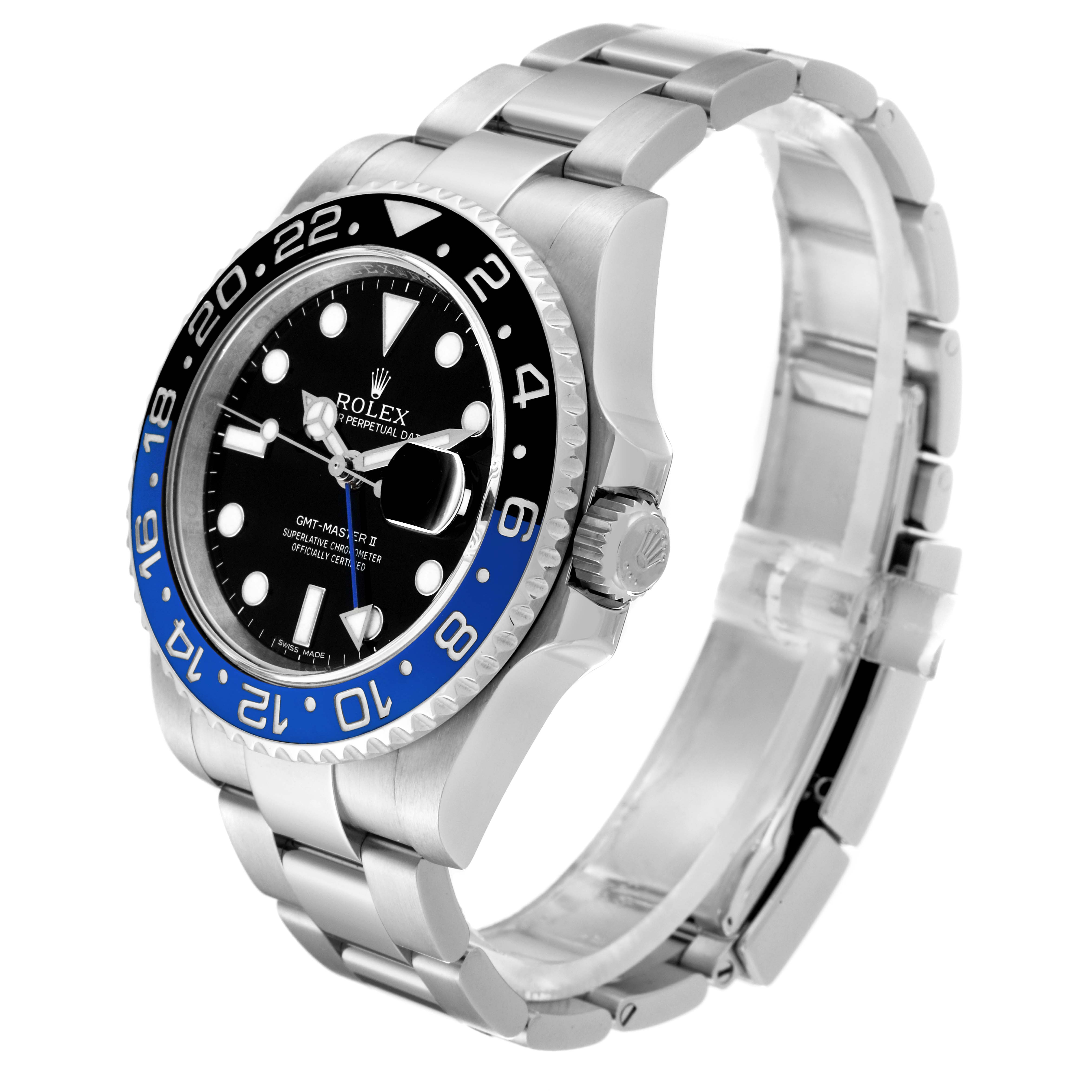 The Rolex GMT-Master 116710BLNR Men's Stainless Steel Black Dial 116710BLNR Men's Stainless Steel Black Dial watch is shown at a three-quarter angle, displaying the face, bezel, crown, and part of the bracelet.