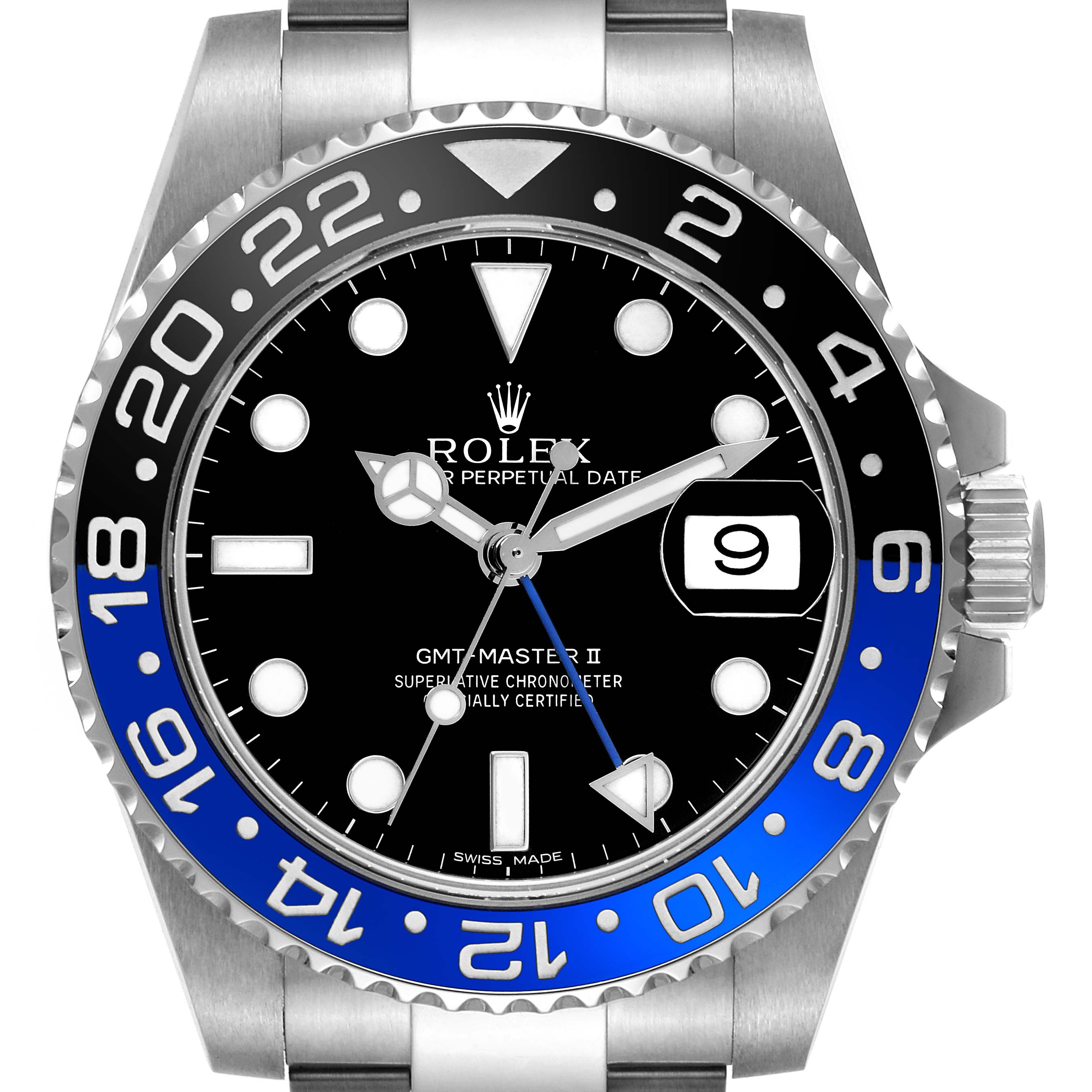 The Rolex GMT-Master 116710BLNR Men's Stainless Steel Black Dial 116710BLNR Men's Stainless Steel Black Dial II is shown from a front angle, highlighting the bezel, dial, and crown.