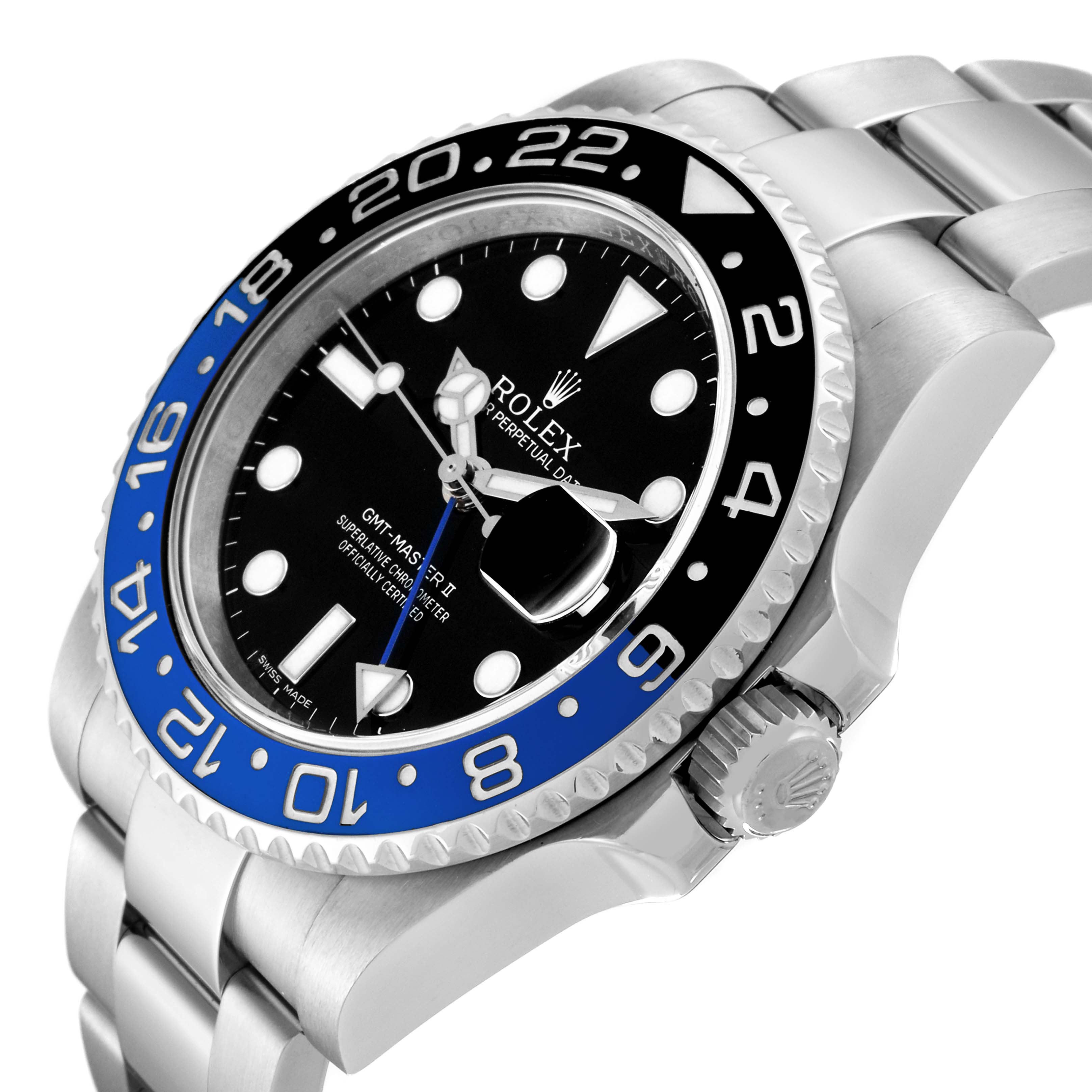 The image shows a Rolex GMT-Master 116710BLNR Men's Stainless Steel Black Dial 116710BLNR Men's Stainless Steel Black Dial from a side angle, highlighting the bezel, dial, crown, and bracelet.
