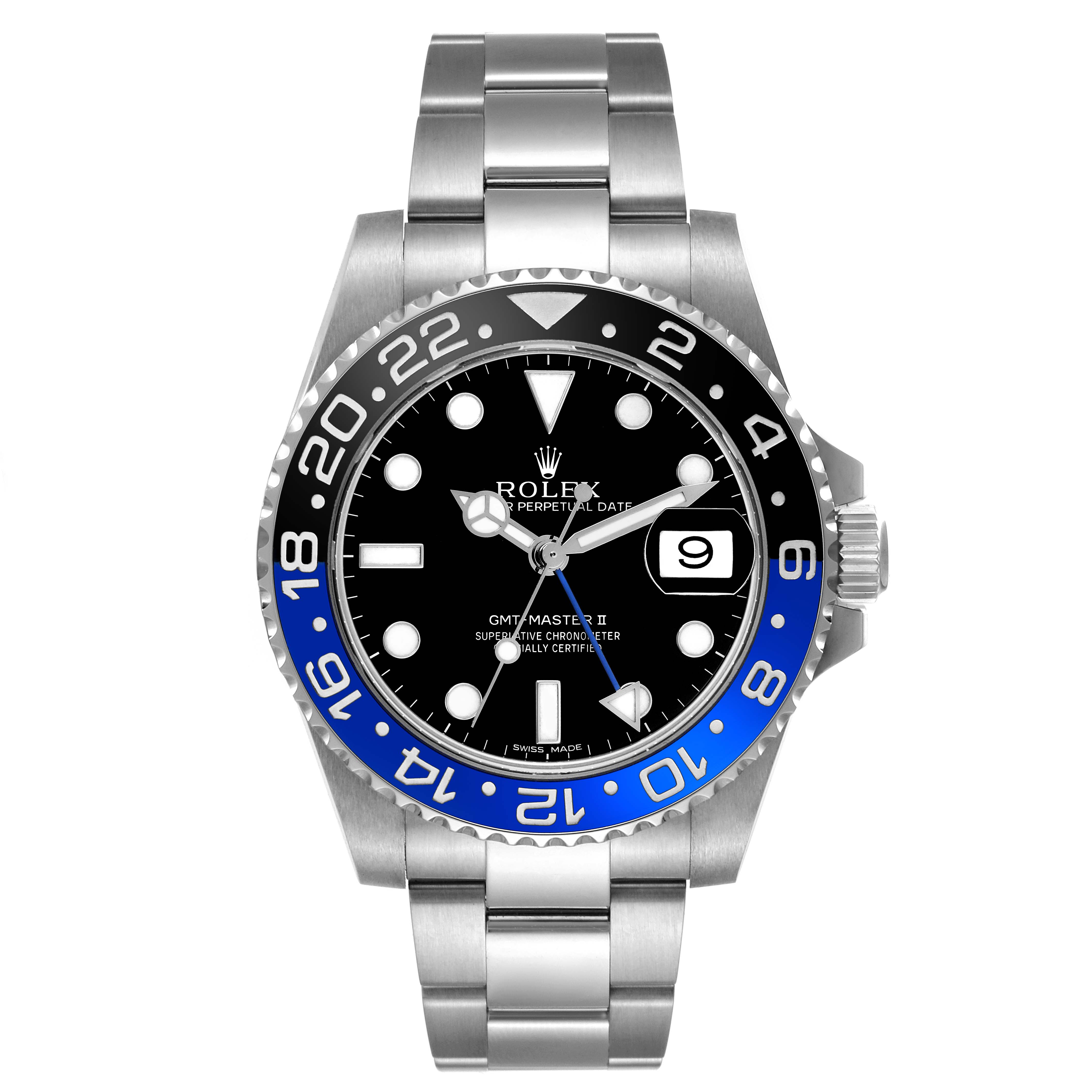 The image shows a front view of a Rolex GMT-Master 116710BLNR Men's Stainless Steel Black Dial 116710BLNR Men's Stainless Steel Black Dial II watch, highlighting the bezel, dial, and bracelet.