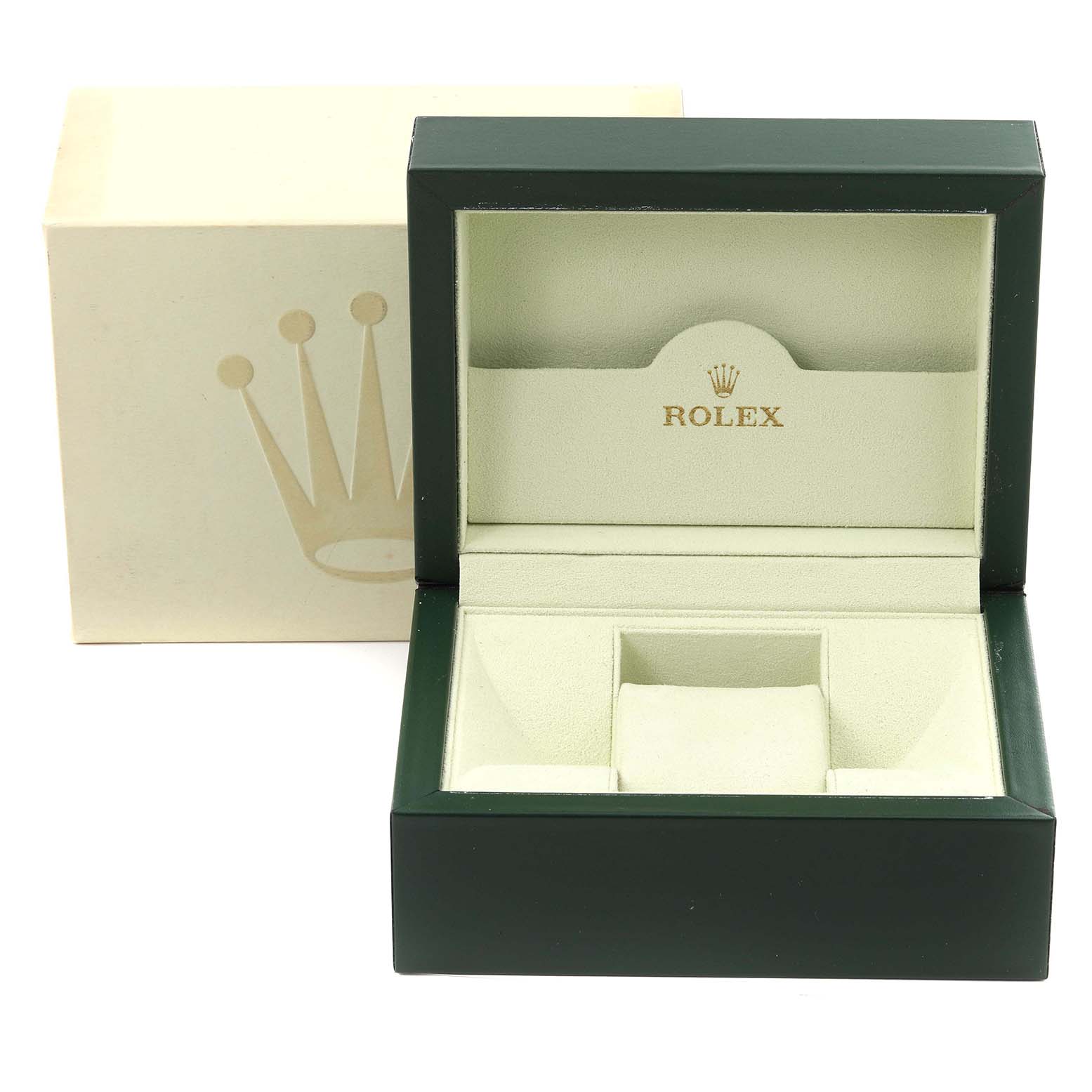 This image shows a Rolex GMT-Master 116710BLNR Men's Stainless Steel Black Dial 116710BLNR Men's Stainless Steel Black Dial watch box open, displaying the interior and the cushion for the watch.