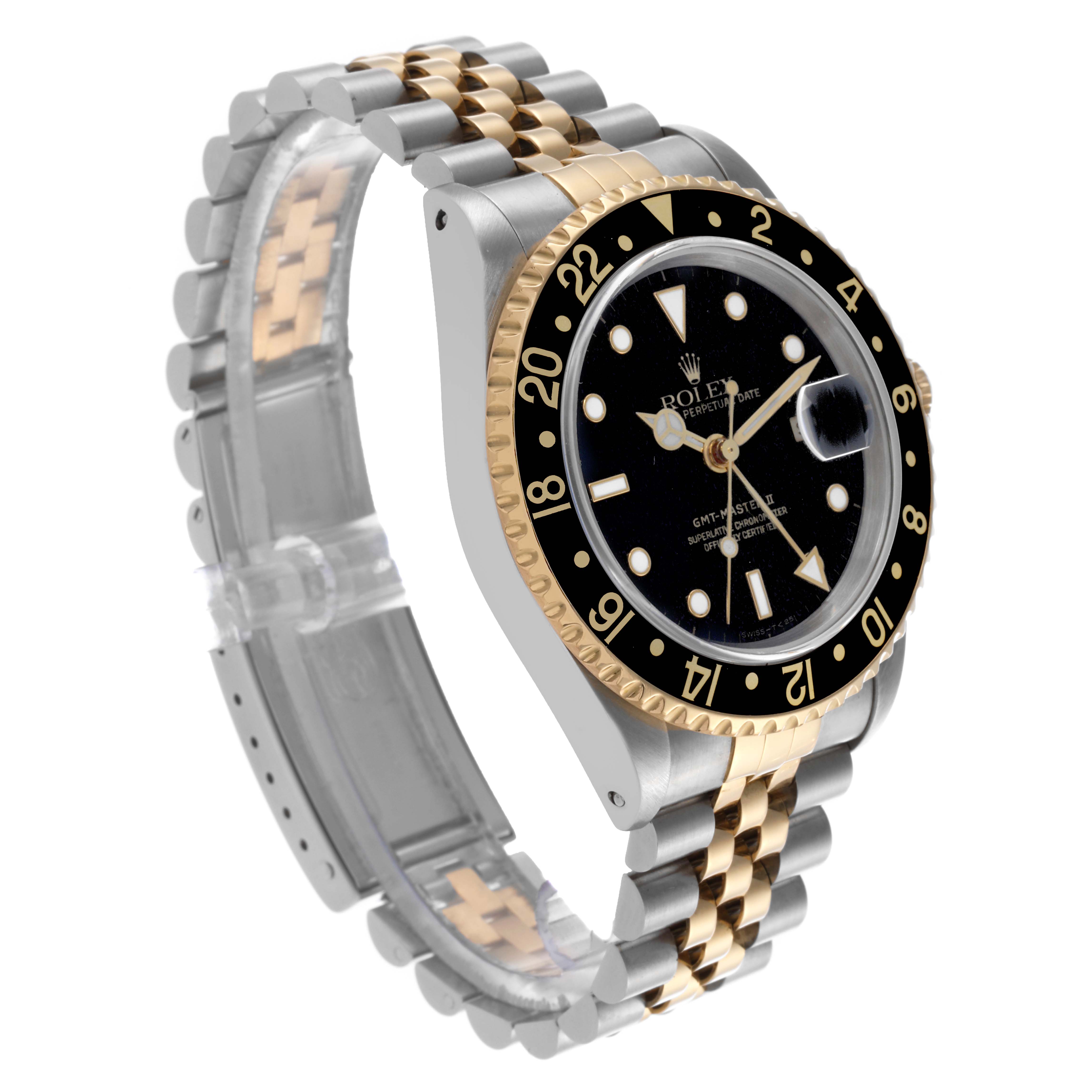 The Rolex GMT-Master 16713 Men's Steel and Gold (two tone) Black Dial 16713 Men's Steel and Gold (two tone) Black Dial watch is shown at an angled side view, highlighting the bezel, dial, and two-tone bracelet.