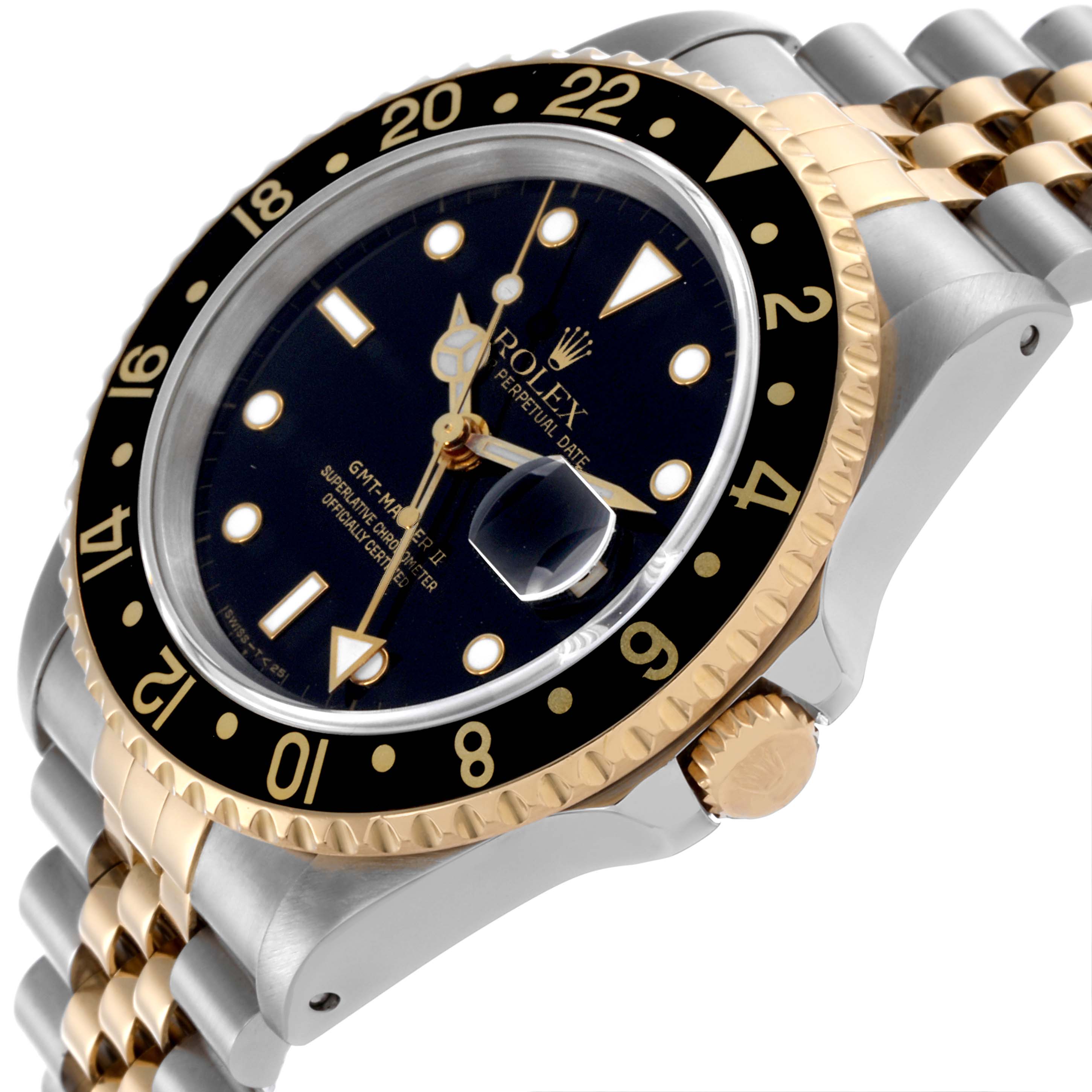 The Rolex GMT-Master 16713 Men's Steel and Gold (two tone) Black Dial 16713 Men's Steel and Gold (two tone) Black Dial model is shown at a tilted angle, highlighting the bezel, dial, crown, and bracelet.