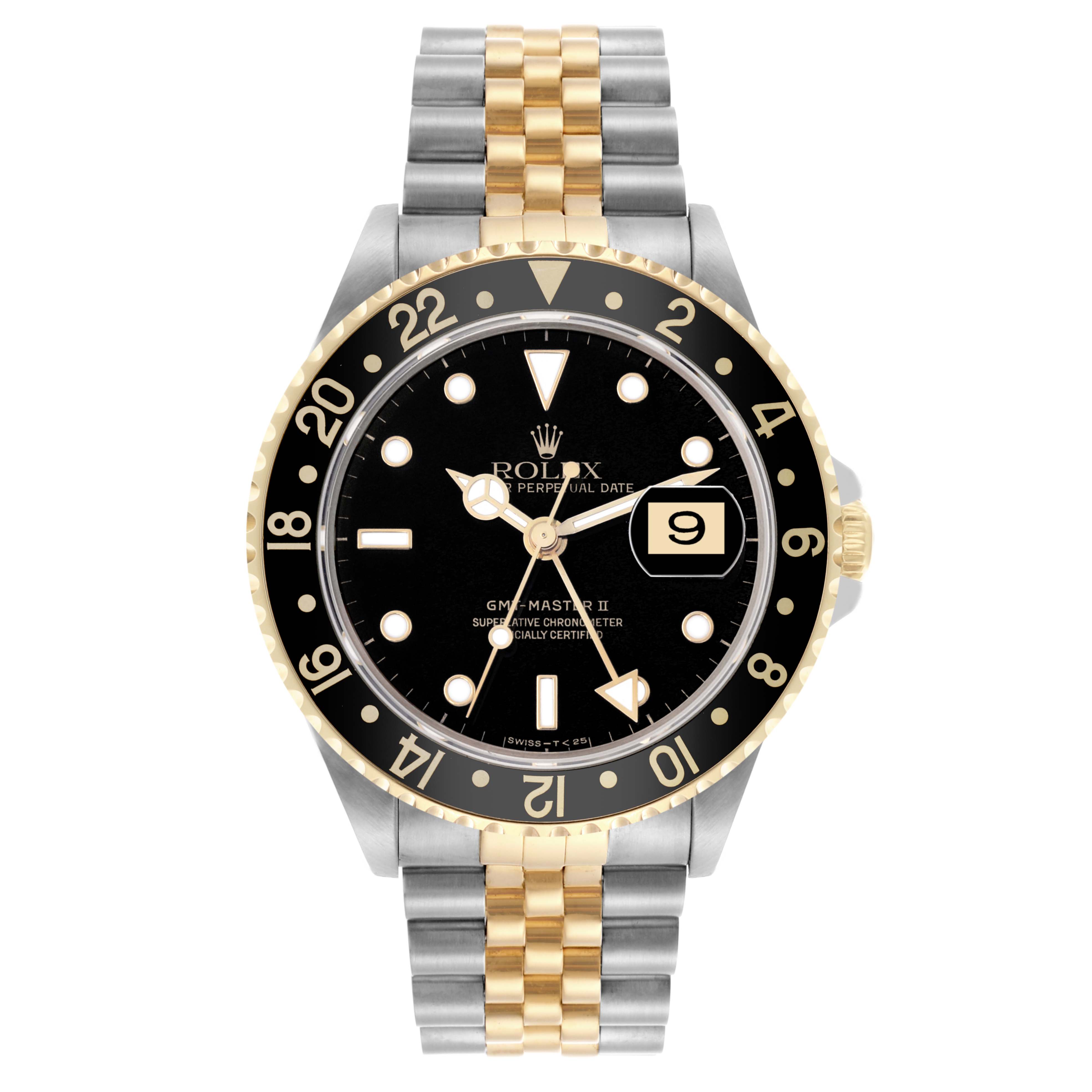 The Rolex GMT-Master 16713 Men's Steel and Gold (two tone) Black Dial 16713 Men's Steel and Gold (two tone) Black Dial watch is shown from the front, displaying the dial, bezel, bracelet, and clasp.