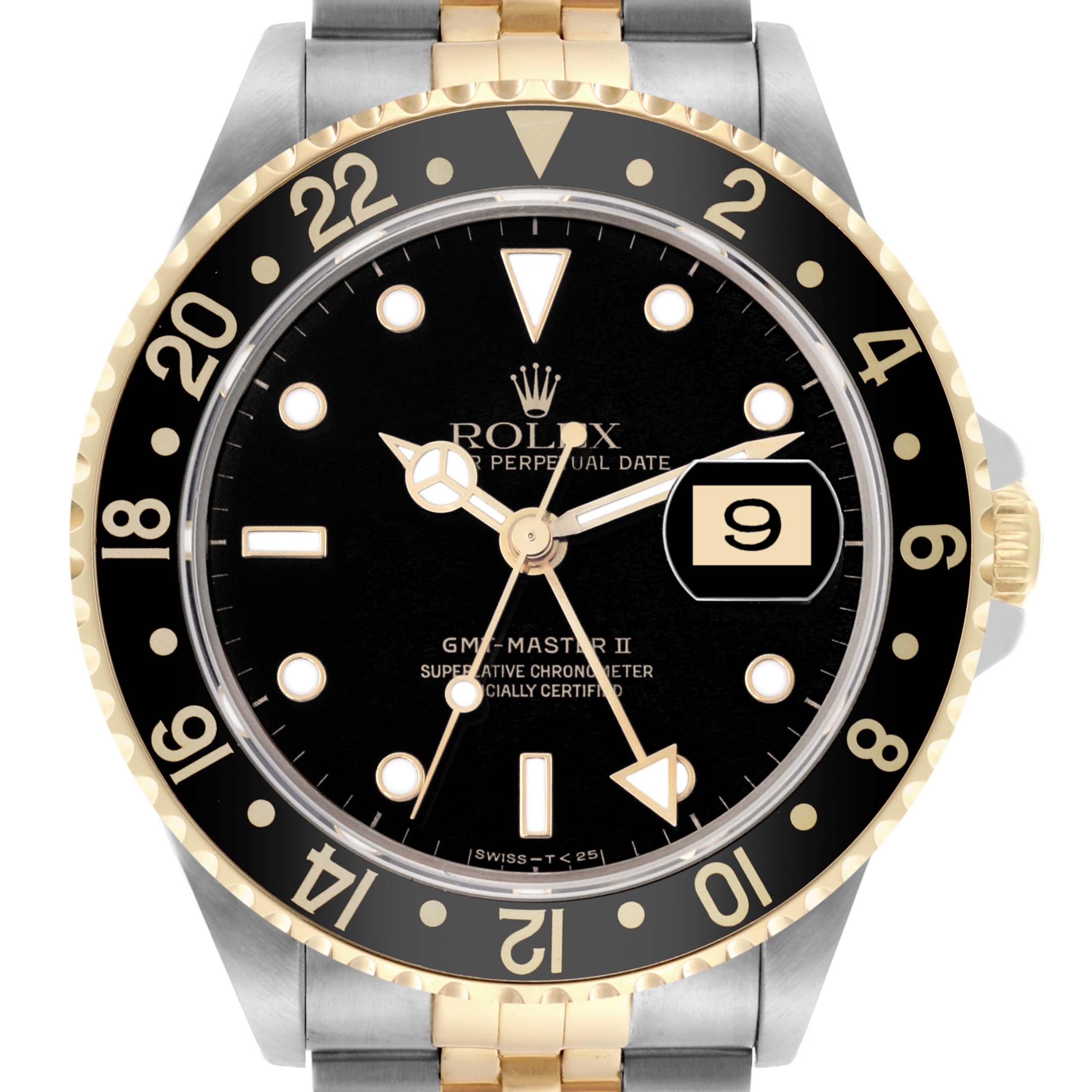 The Rolex GMT-Master 16713 Men's Steel and Gold (two tone) Black Dial 16713 Men's Steel and Gold (two tone) Black Dial watch is shown from a frontal angle, highlighting its black dial, gold bezel, and bracelet.