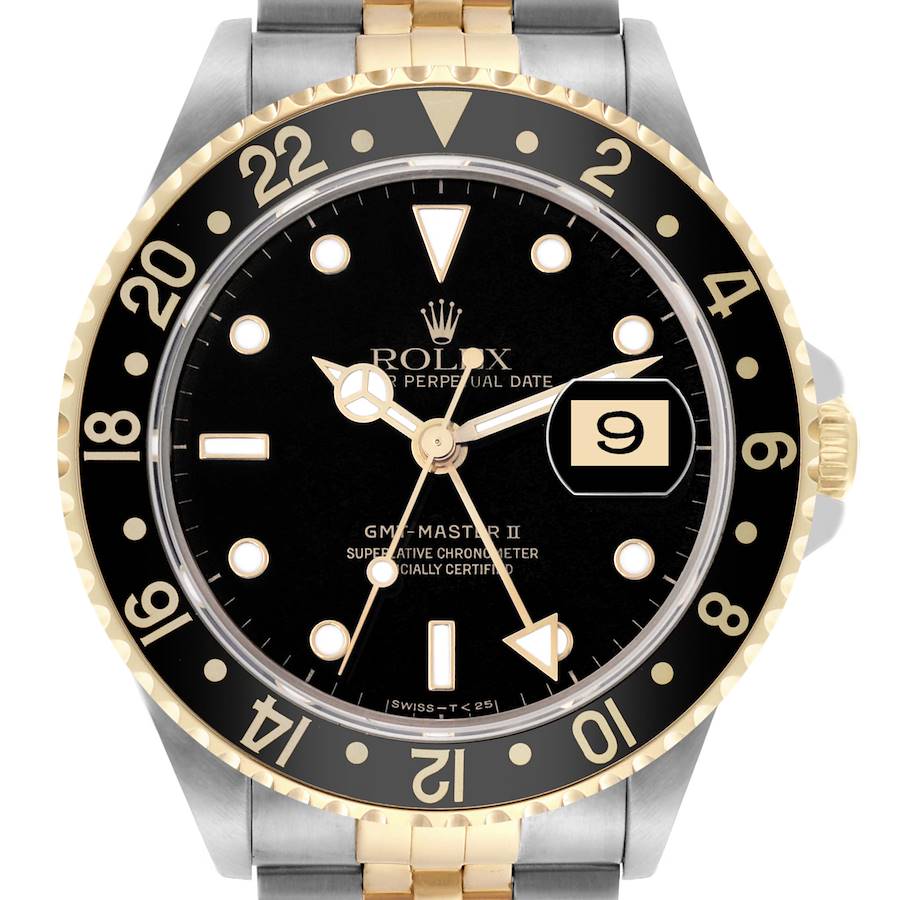 The Rolex GMT-Master watch is shown from a frontal angle, highlighting its black dial, gold bezel, and bracelet.