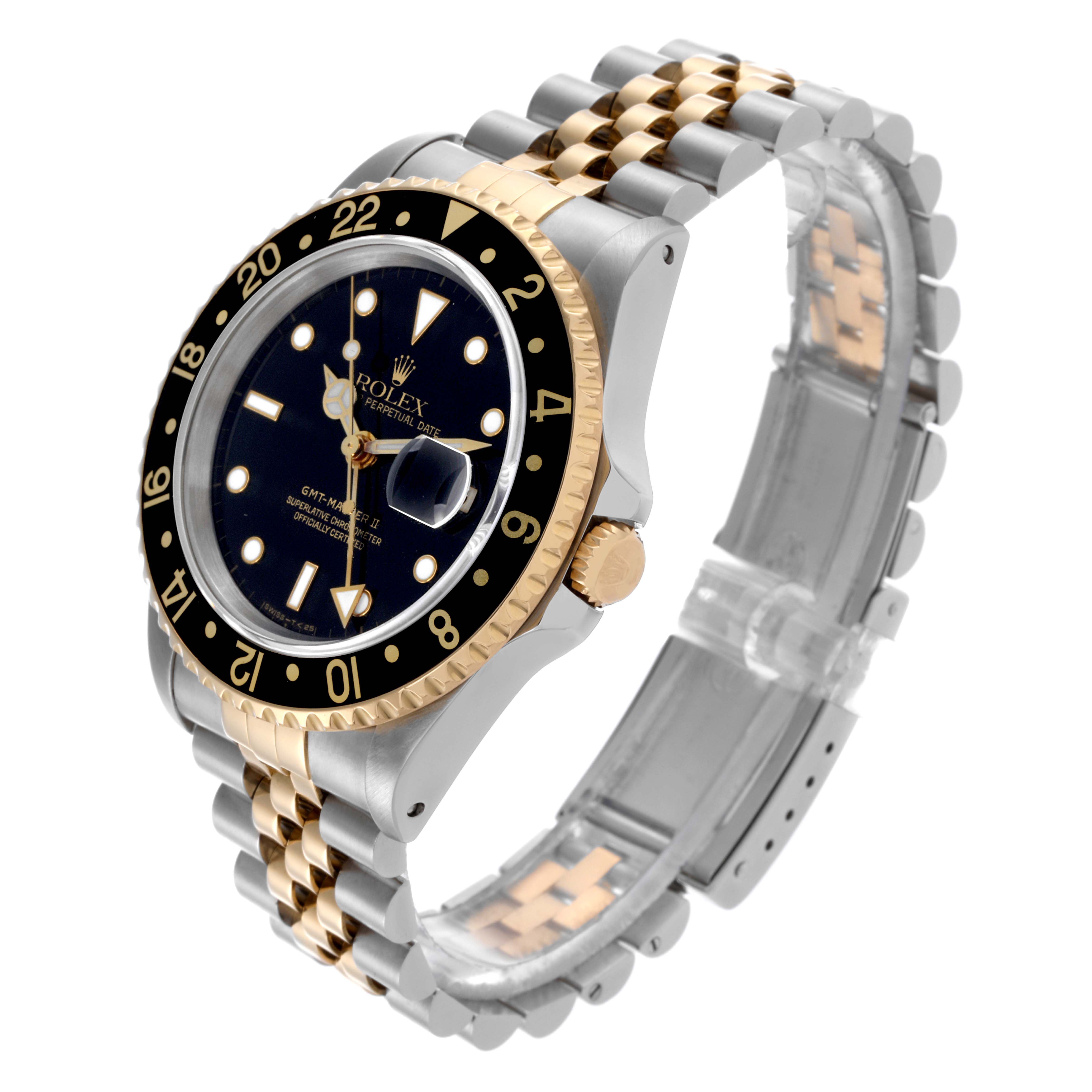 The Rolex GMT-Master 16713 Men's Steel and Gold (two tone) Black Dial 16713 Men's Steel and Gold (two tone) Black Dial watch is shown at a three-quarter angle, displaying the face, bezel, crown, and jubilee bracelet.