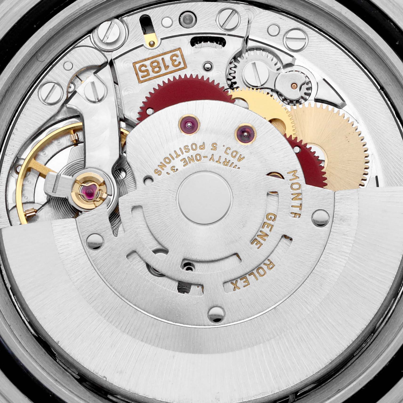 The image shows the movement mechanism of a Rolex GMT-Master 16713 Men's Steel and Gold (two tone) Black Dial 16713 Men's Steel and Gold (two tone) Black Dial watch from a top-down angle, highlighting gears and rotors.