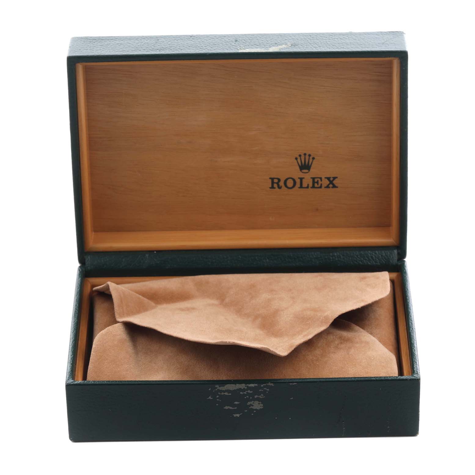The image shows an open Rolex watch box, with a brown pouch inside, viewed from the front.