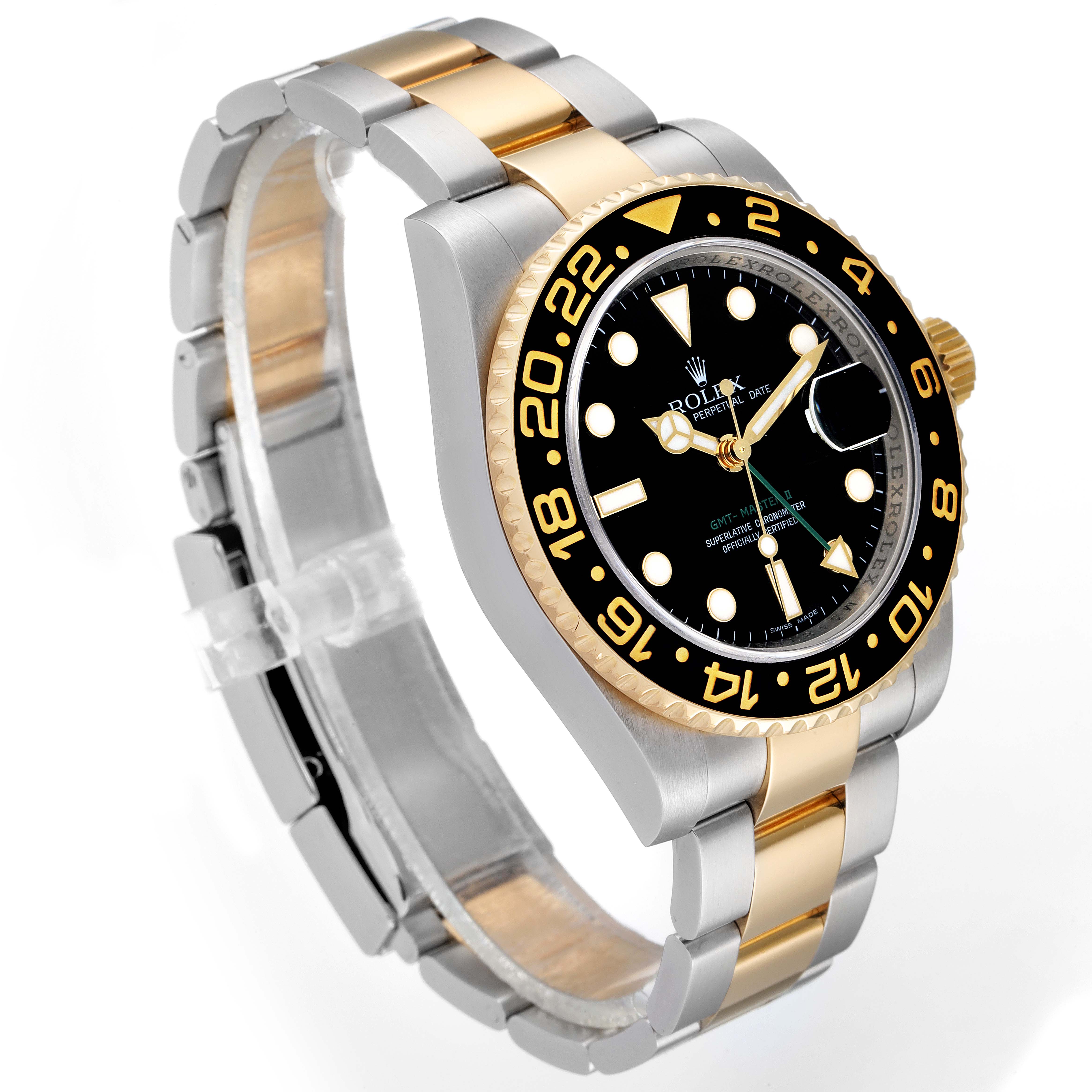 The image shows a side and front view of a Rolex GMT-Master 116713 Men's Steel and Gold (two tone) Black Dial 116713 Men's Steel and Gold (two tone) Black Dial watch, highlighting its bracelet, bezel, and dial.
