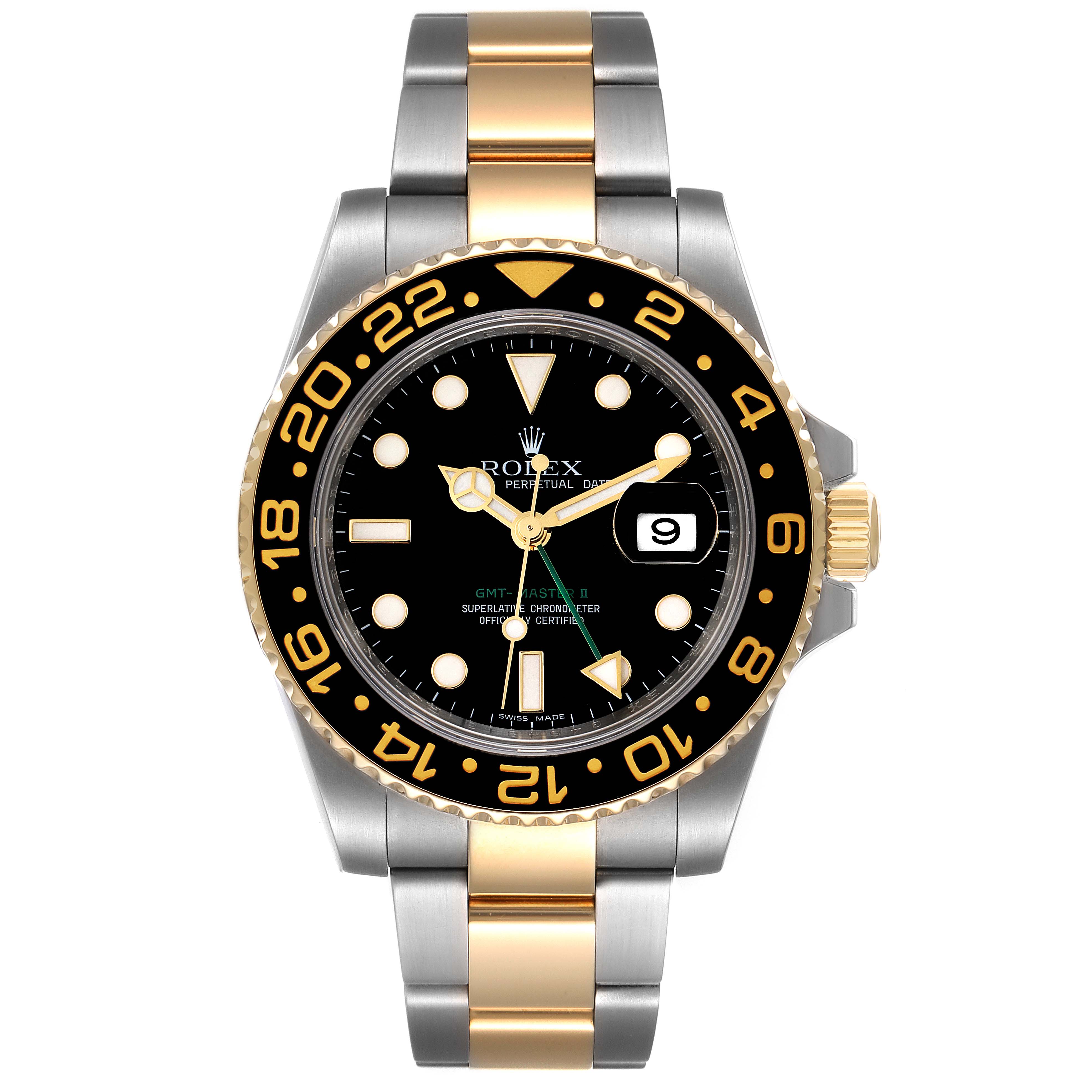 The image shows a front view of a Rolex GMT-Master 116713 Men's Steel and Gold (two tone) Black Dial 116713 Men's Steel and Gold (two tone) Black Dial watch with a black dial, gold and silver bracelet, and a date display.