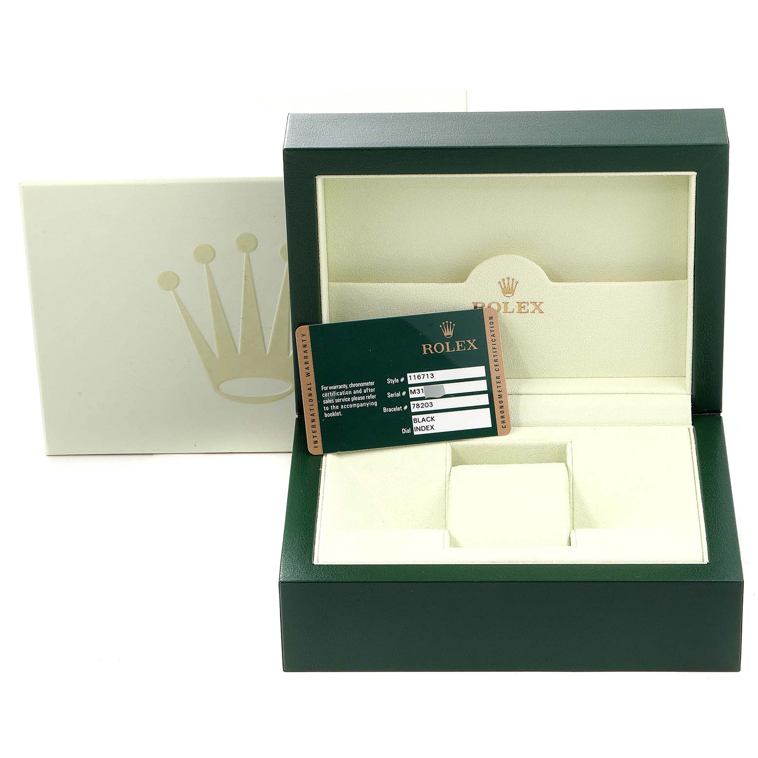 The image shows an open Rolex GMT-Master 116713 Men's Steel and Gold (two tone) Black Dial 116713 Men's Steel and Gold (two tone) Black Dial watch box with an accompanying warranty card.