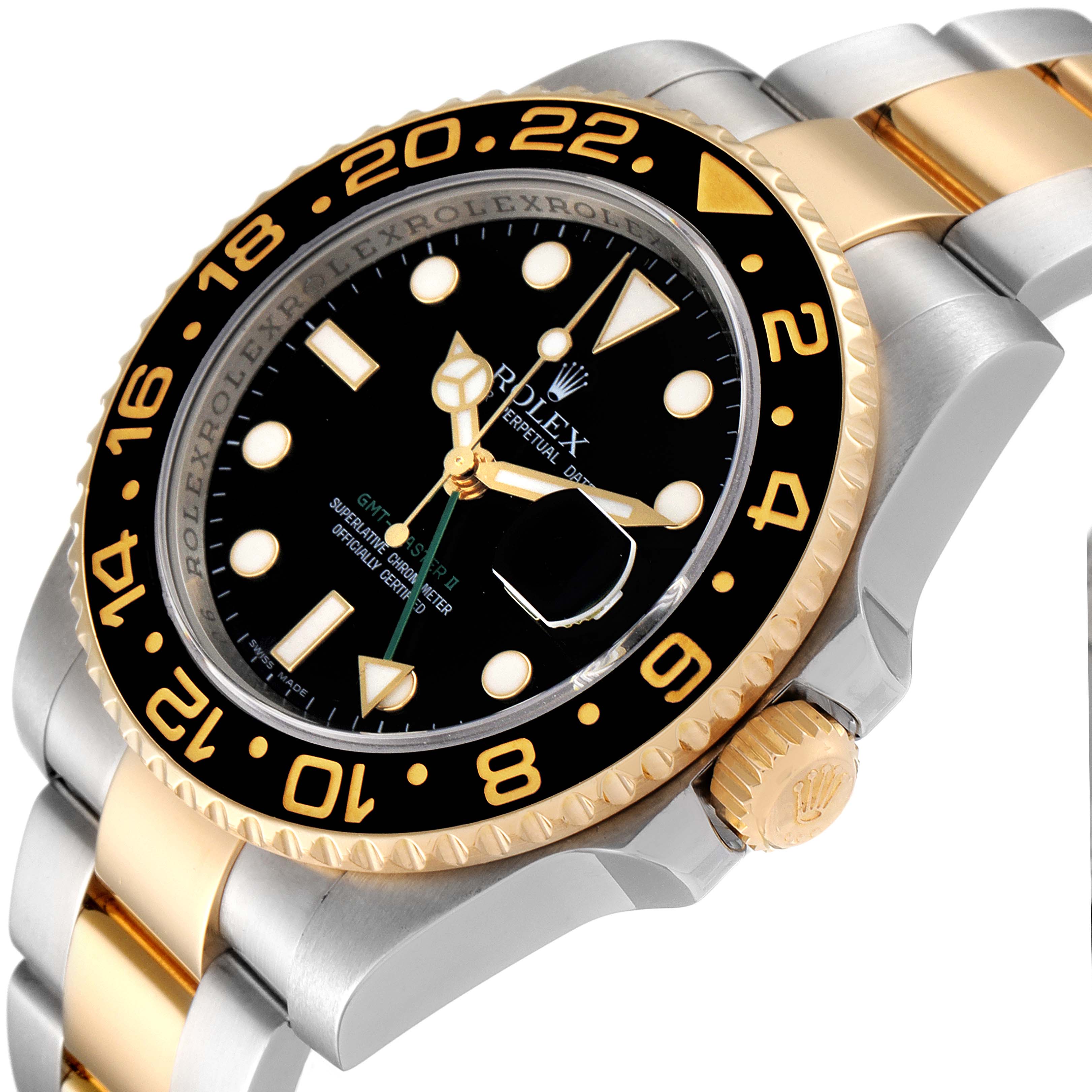 This image shows a side angle of the Rolex GMT-Master 116713 Men's Steel and Gold (two tone) Black Dial 116713 Men's Steel and Gold (two tone) Black Dial watch, highlighting its bezel, dial, and bracelet.