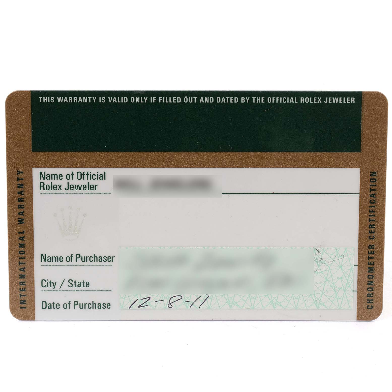 The image shows the International Warranty Card for the Rolex GMT-Master 116713 Men's Steel and Gold (two tone) Black Dial 116713 Men's Steel and Gold (two tone) Black Dial watch model.