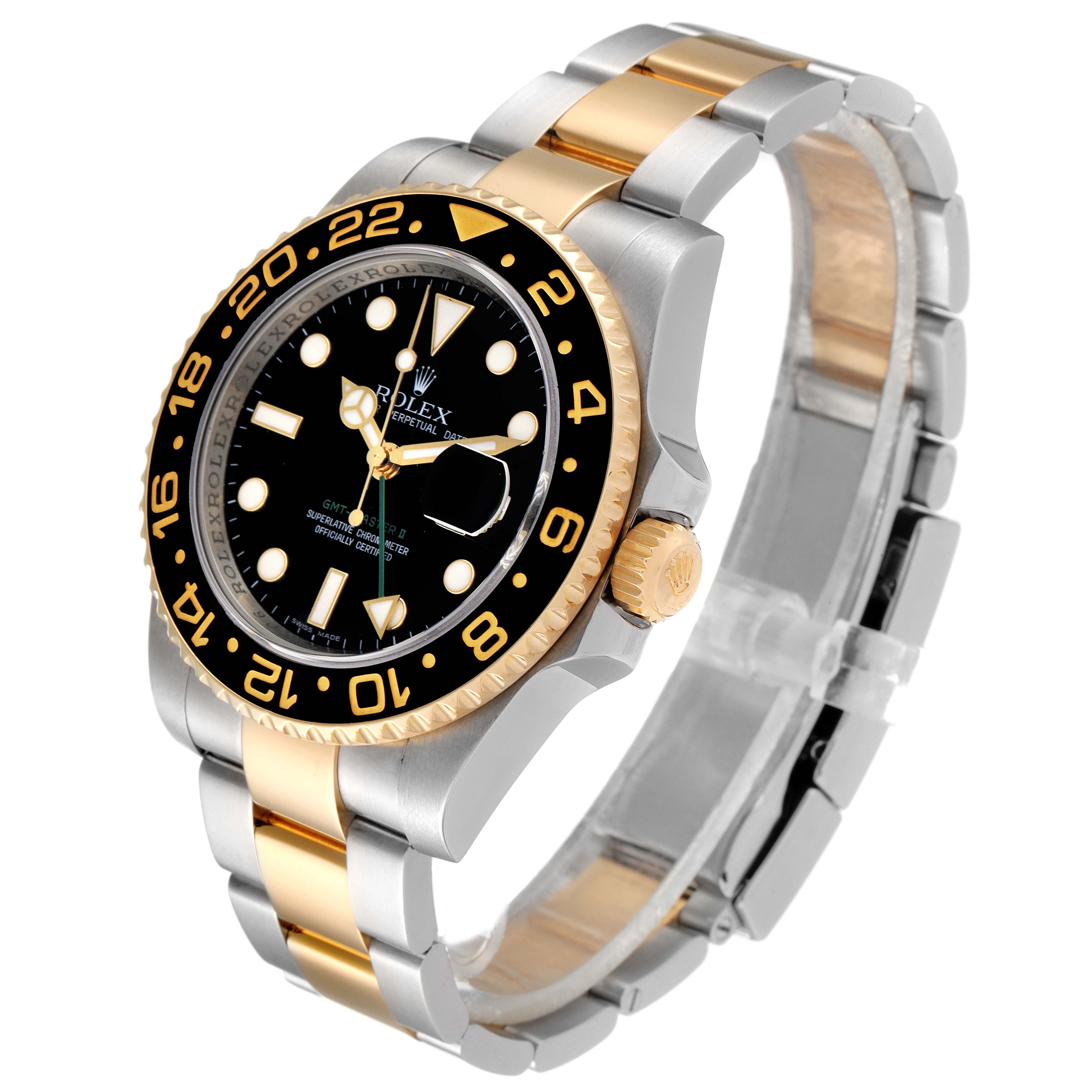 The Rolex GMT-Master 116713 Men's Steel and Gold (two tone) Black Dial 116713 Men's Steel and Gold (two tone) Black Dial watch is shown at an angled side view, highlighting its bezel, dial, crown, and two-tone bracelet.
