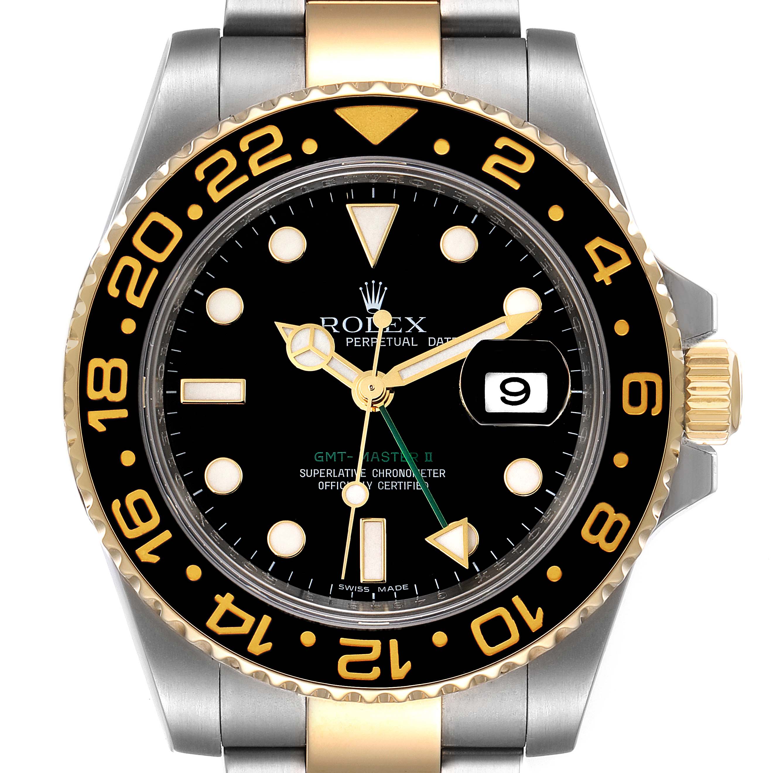 This image shows a close-up view of the dial, bezel, and crown of a Rolex GMT-Master 116713 Men's Steel and Gold (two tone) Black Dial 116713 Men's Steel and Gold (two tone) Black Dial II watch.
