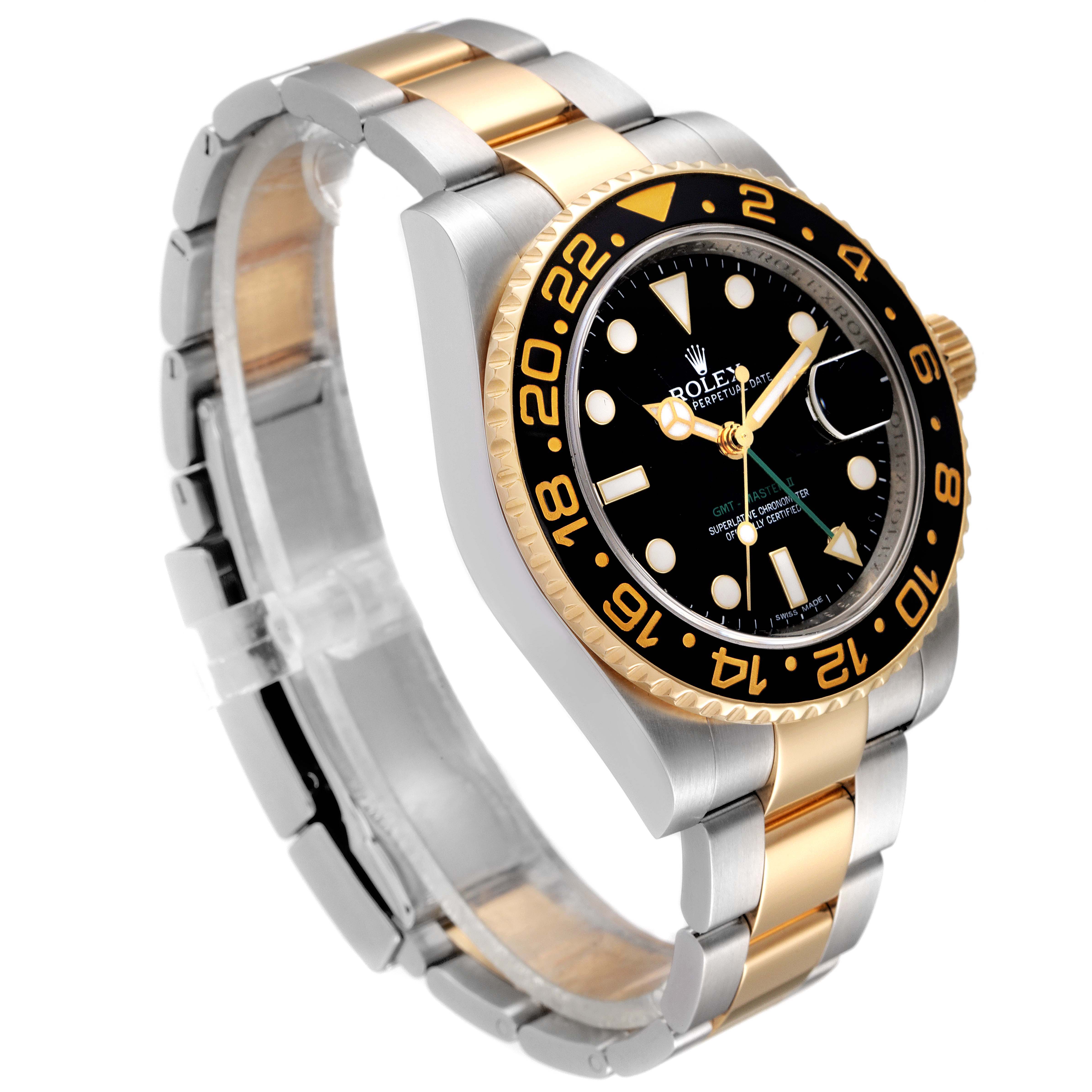The image shows a side and slightly top angle view of a Rolex GMT-Master 116713 Men's Steel and Gold (two tone) Black Dial 116713 Men's Steel and Gold (two tone) Black Dial watch, highlighting the bezel, dial, and bracelet.