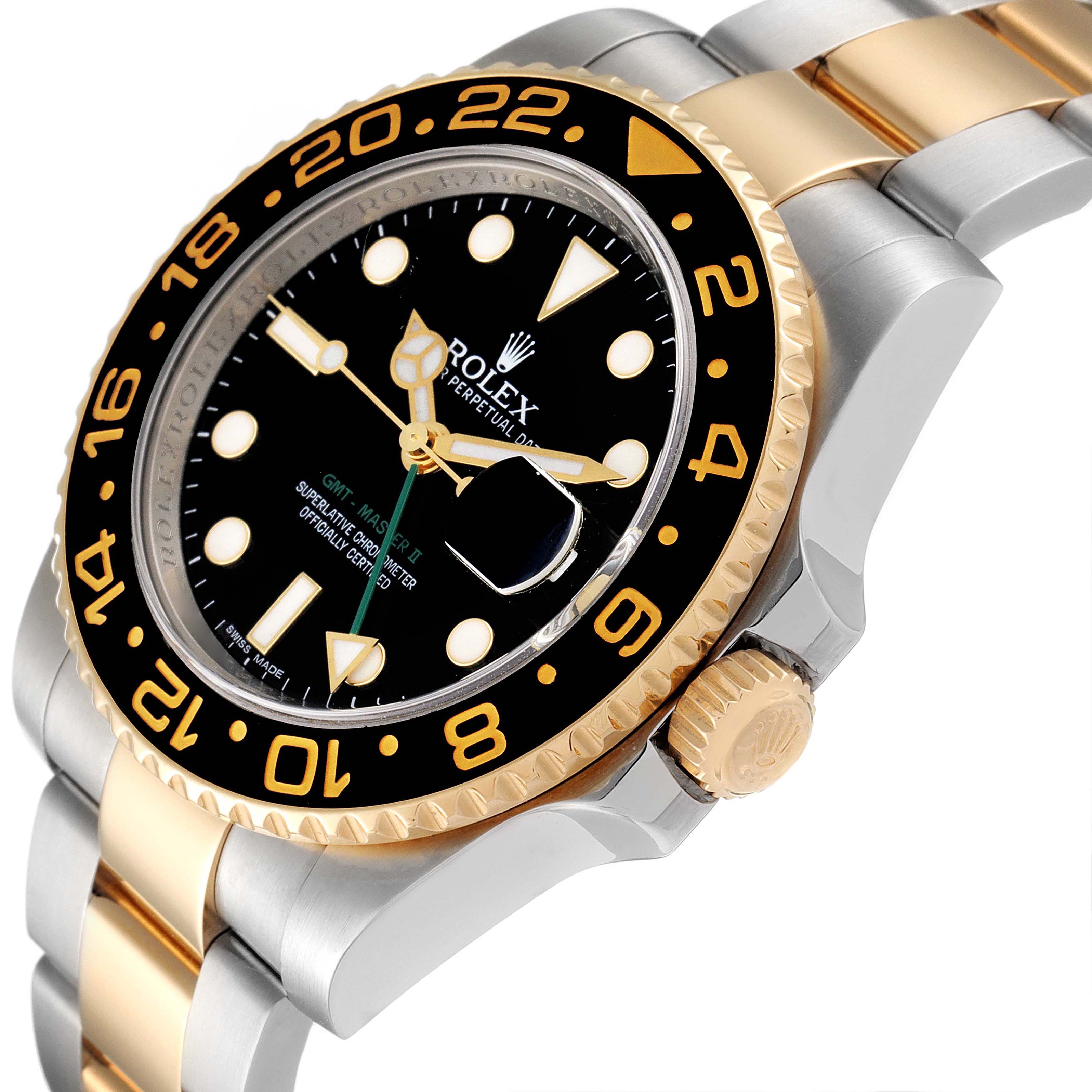 The image shows a front-side angle of the Rolex GMT-Master 116713 Men's Steel and Gold (two tone) Black Dial 116713 Men's Steel and Gold (two tone) Black Dial watch, highlighting the bezel, dial, and bracelet.