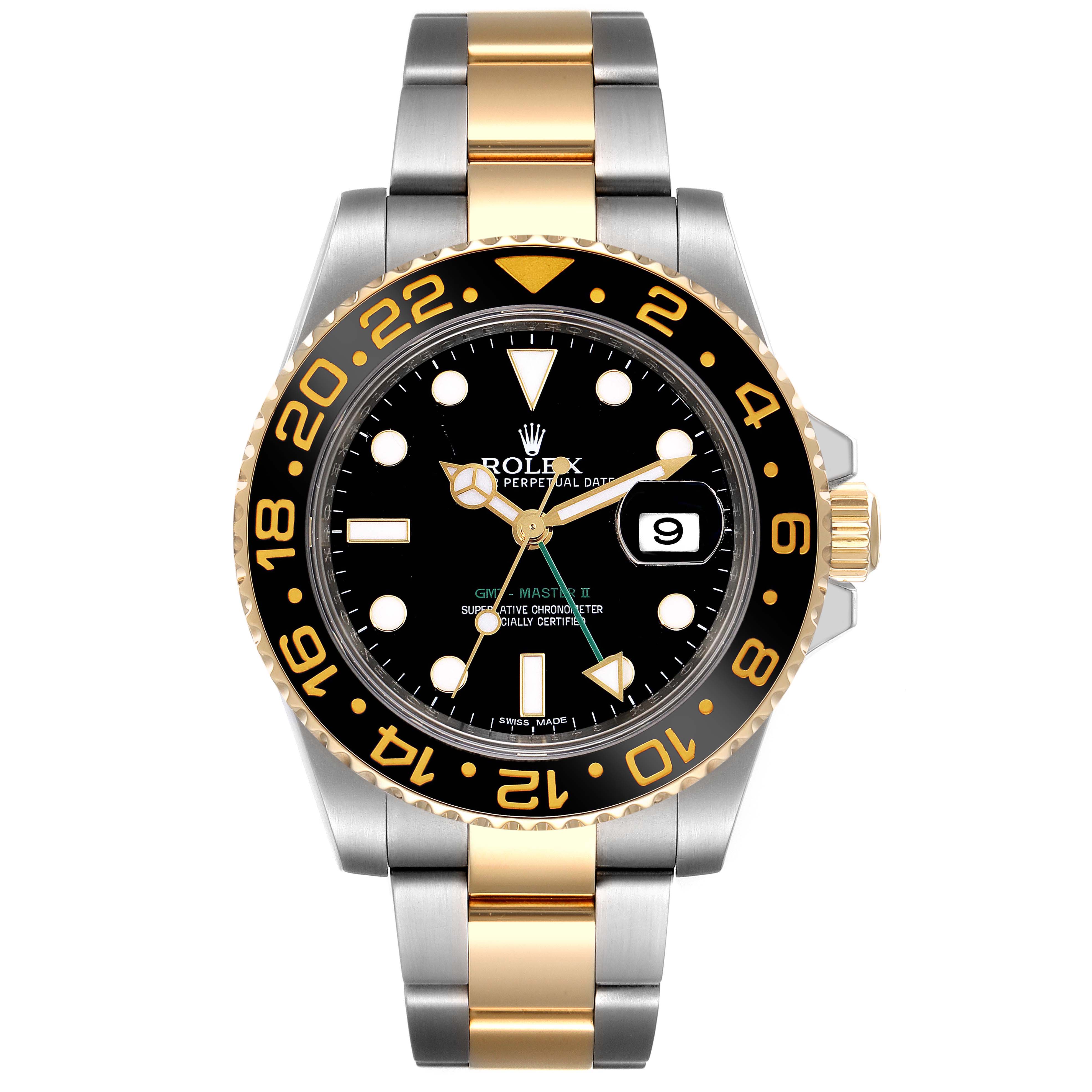 The Rolex GMT-Master 116713 Men's Steel and Gold (two tone) Black Dial 116713 Men's Steel and Gold (two tone) Black Dial watch is shown from a front angle, displaying the dial, bezel, hands, and part of the bracelet.
