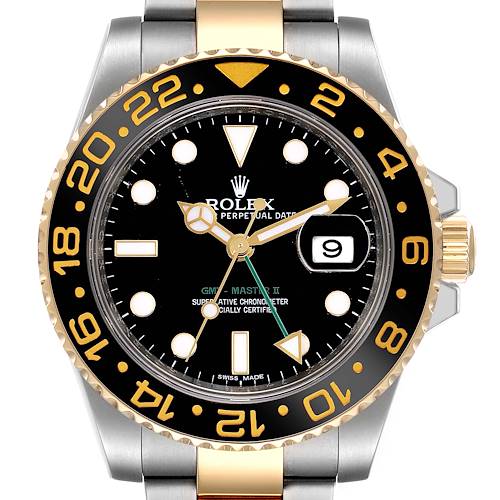 The image displays a front view of the Rolex GMT-Master II, showcasing its dial, bezel, crown, and part of the bracelet.