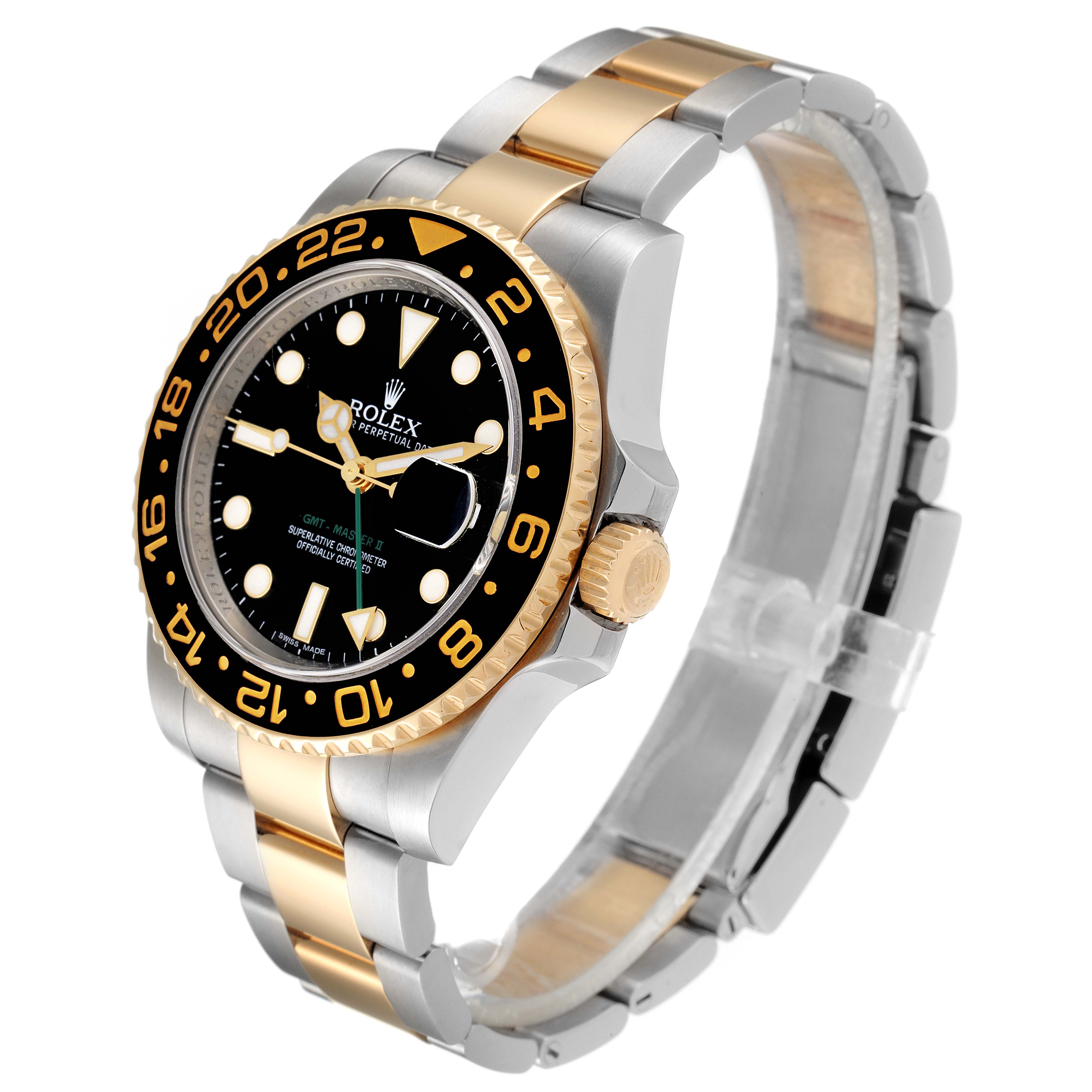 The Rolex GMT-Master 116713 Men's Steel and Gold (two tone) Black Dial 116713 Men's Steel and Gold (two tone) Black Dial watch is shown at an angled view, showcasing the face, bezel, crown, and bracelet.