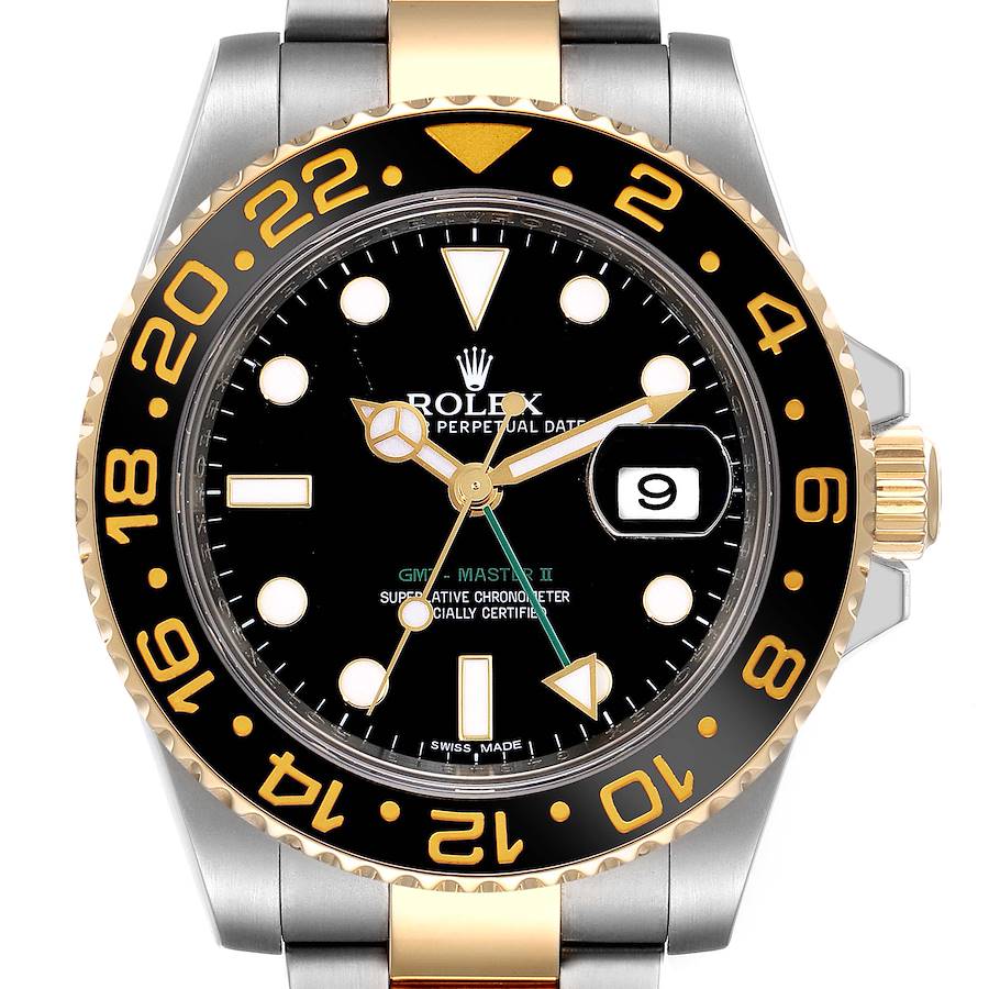 The image shows a front view of a Rolex GMT-Master II watch, highlighting the bezel, dial, hands, and date window.