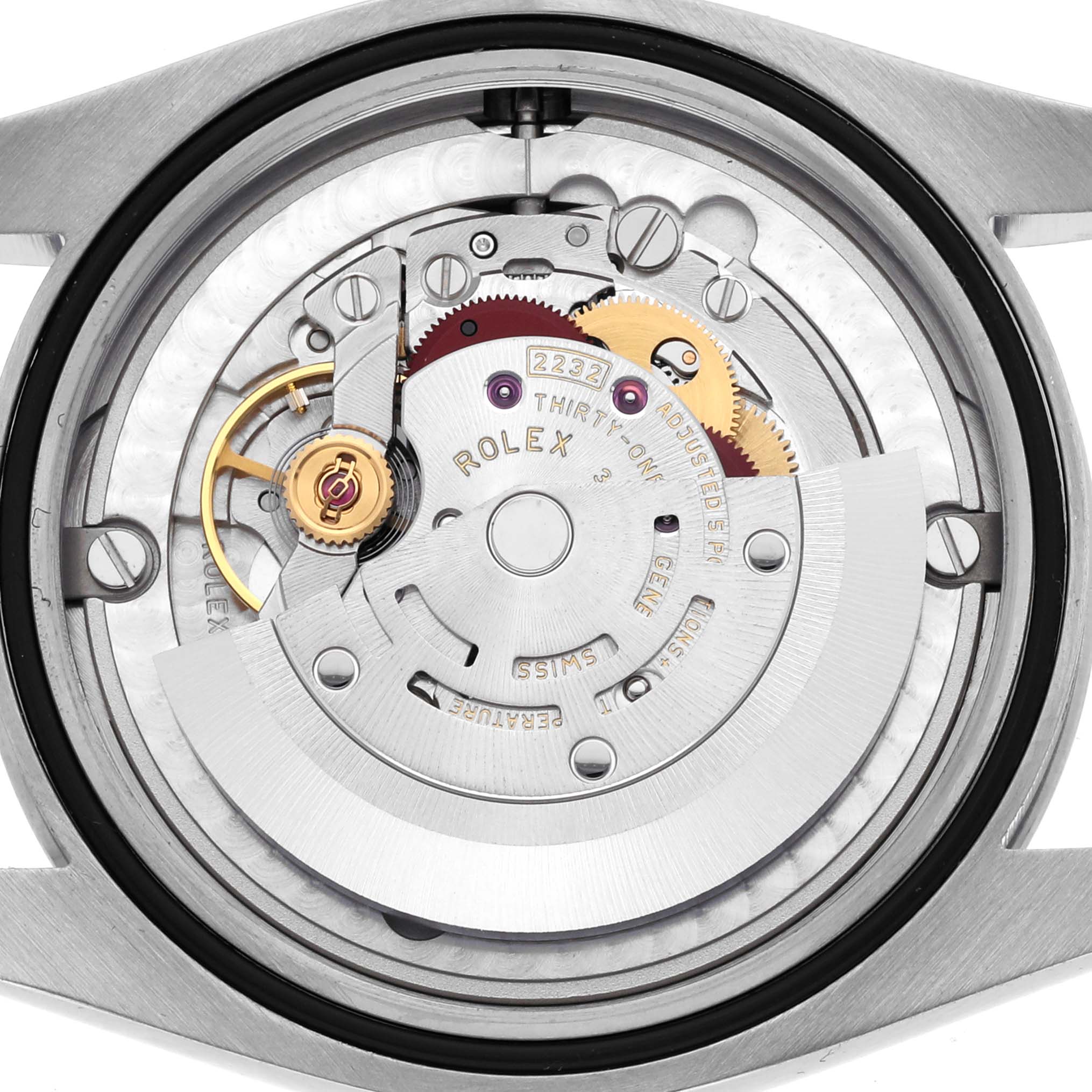 The image shows the movement and internal mechanics of a Rolex Oyster Perpetual 124200 Men's Stainless Steel Pink Dial 124200 Men's Stainless Steel Pink Dial watch viewed from the back.