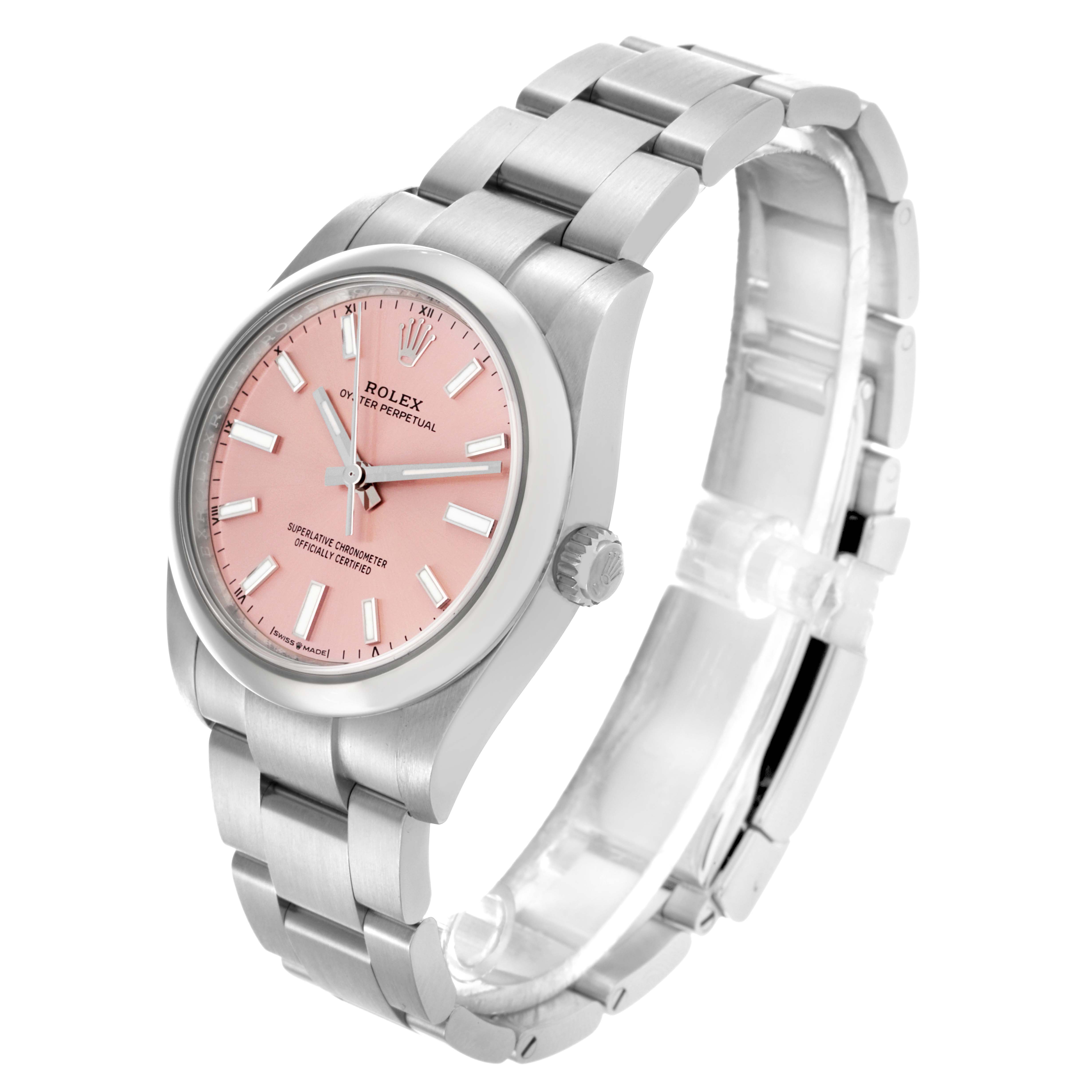 The Rolex Oyster Perpetual 124200 Men's Stainless Steel Pink Dial 124200 Men's Stainless Steel Pink Dial watch is shown at a three-quarter angle, highlighting its pink dial and stainless steel bracelet.
