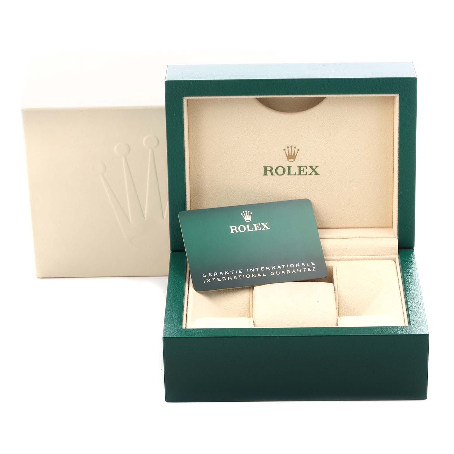 The image shows a Rolex Oyster Perpetual 124200 Men's Stainless Steel Pink Dial 124200 Men's Stainless Steel Pink Dial watch box and guarantee card, viewed from the front angle.