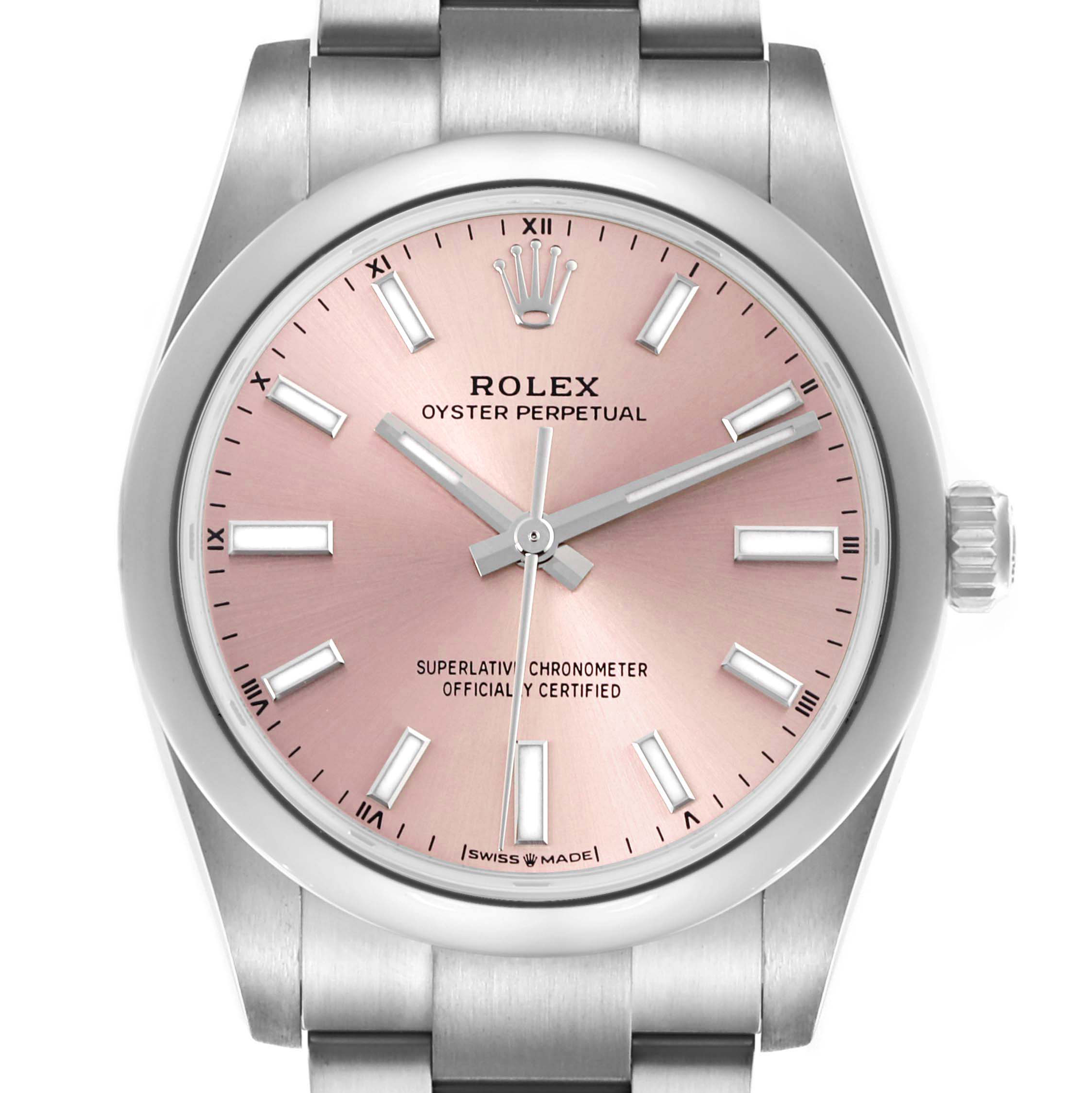 The Rolex Oyster Perpetual 124200 Men's Stainless Steel Pink Dial 124200 Men's Stainless Steel Pink Dial is shown from the front, displaying the dial, hands, crown, and part of the bracelet.