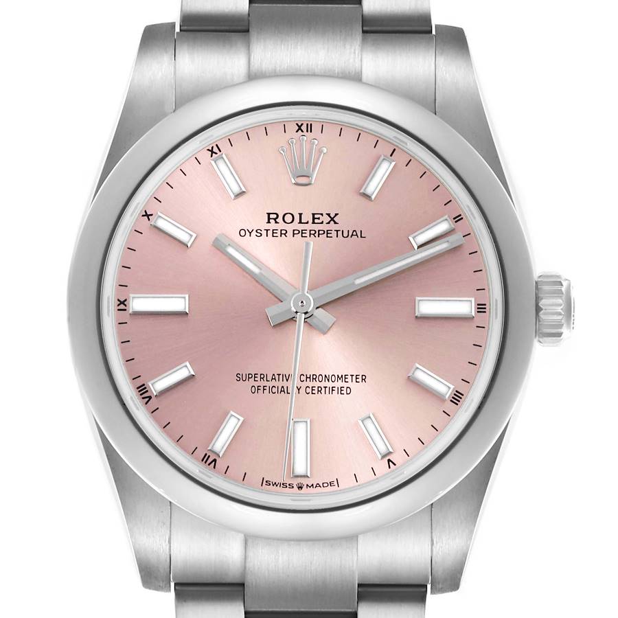 The Rolex Oyster Perpetual is shown from the front, displaying the dial, hands, crown, and part of the bracelet.