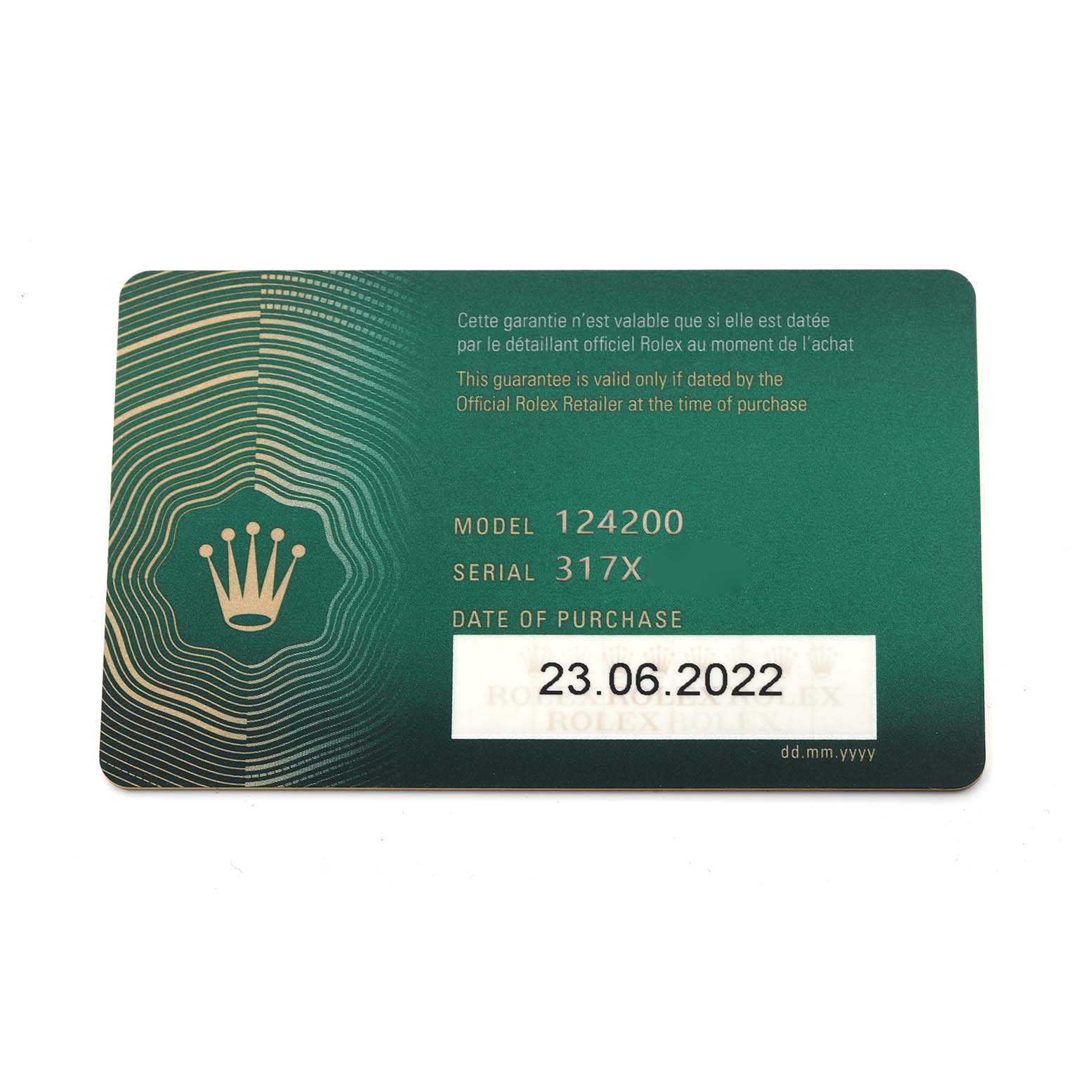 The image shows a warranty card for the Rolex Oyster Perpetual 124200 Men's Stainless Steel Pink Dial 124200 Men's Stainless Steel Pink Dial model 124200.