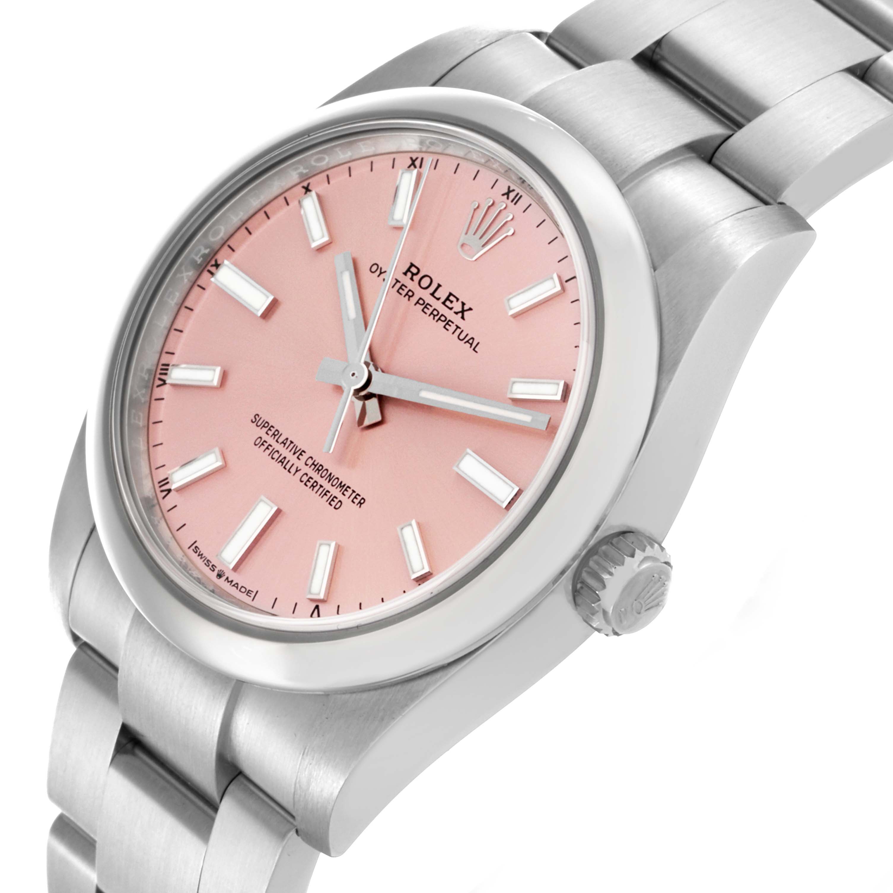The image shows a side angle of the Rolex Oyster Perpetual 124200 Men's Stainless Steel Pink Dial 124200 Men's Stainless Steel Pink Dial watch, highlighting the pink dial, hands, bezel, crown, and part of the bracelet.