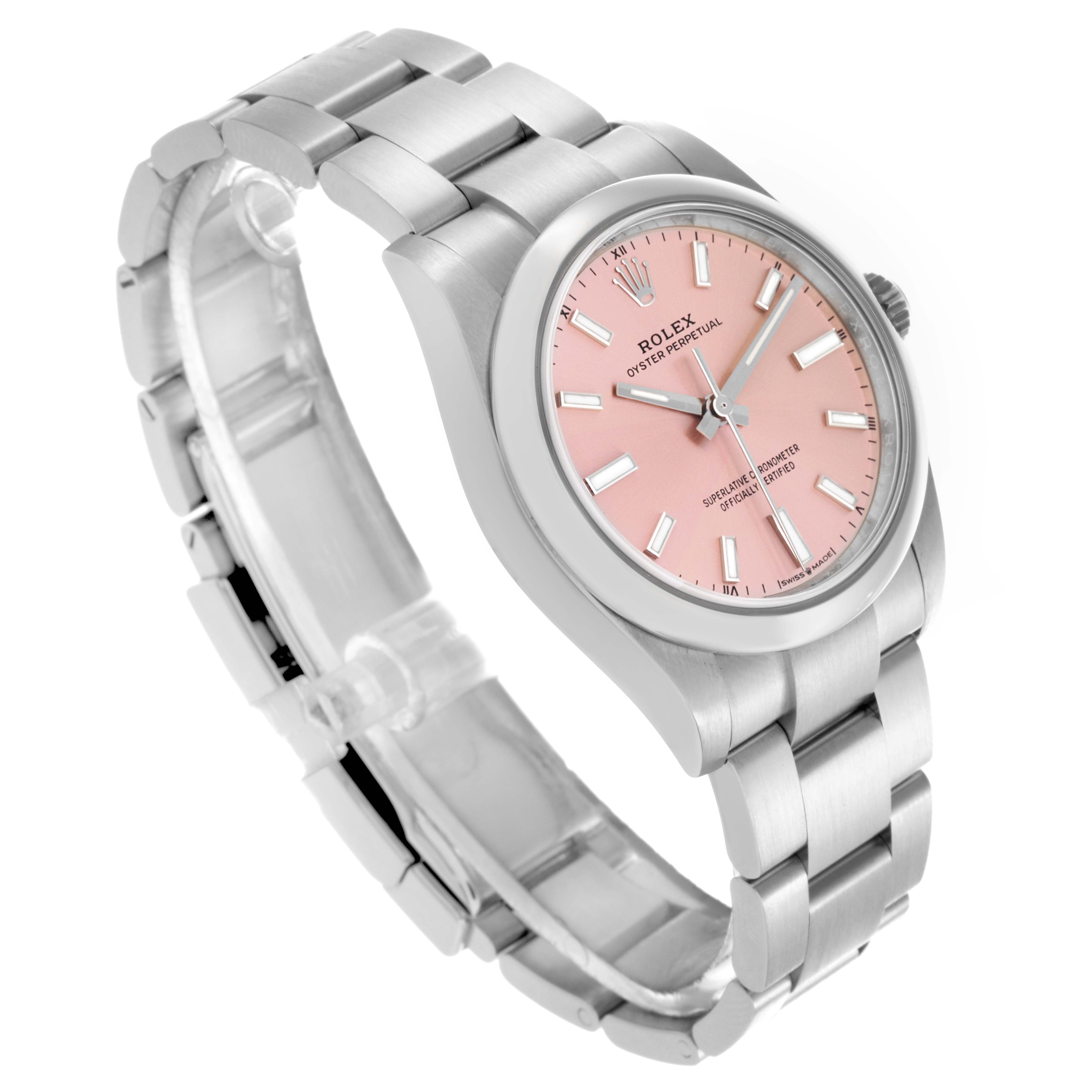 The Rolex Oyster Perpetual 124200 Men's Stainless Steel Pink Dial 124200 Men's Stainless Steel Pink Dial watch is shown at a three-quarter angle, highlighting the pink dial, case, and bracelet.