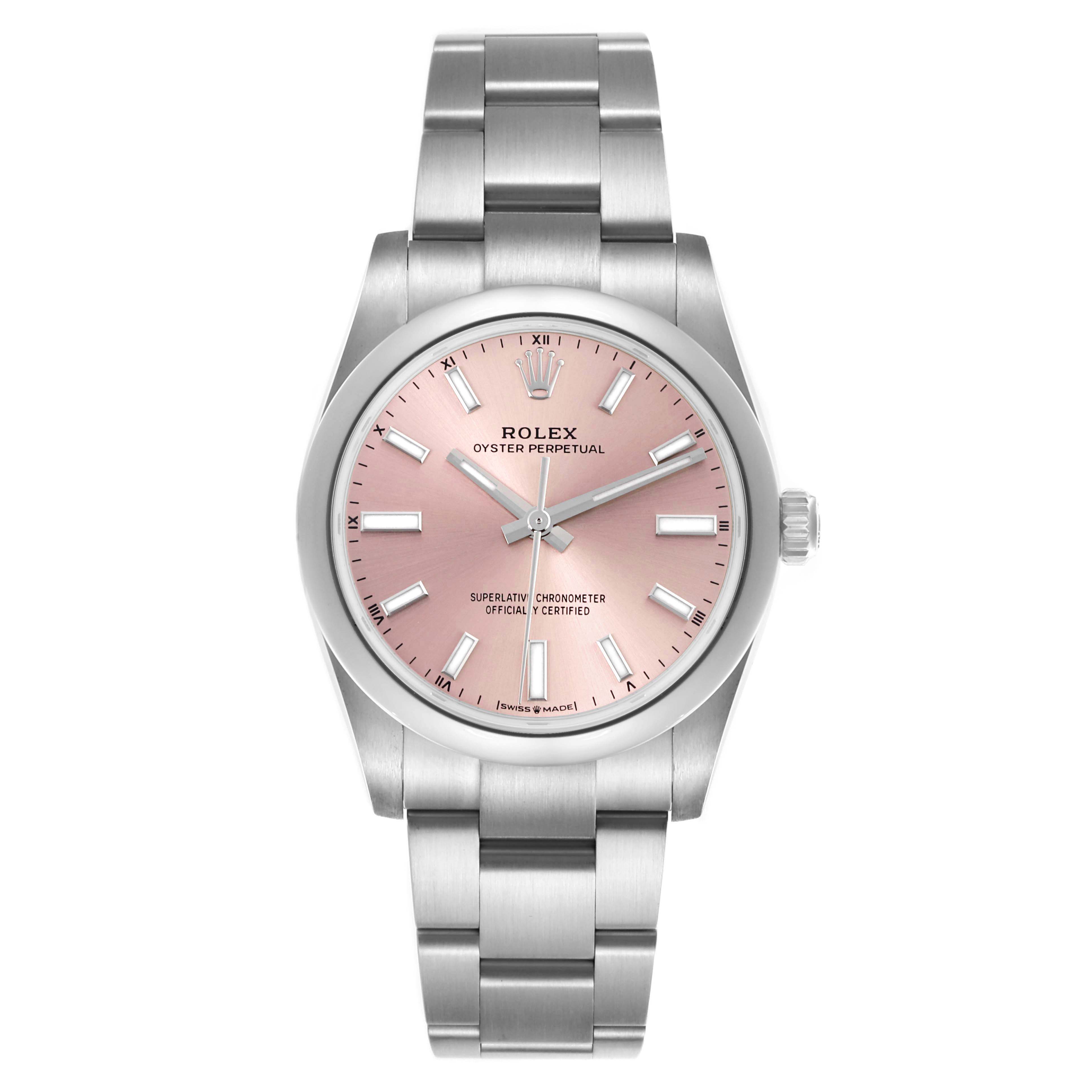 The Rolex Oyster Perpetual 124200 Men's Stainless Steel Pink Dial 124200 Men's Stainless Steel Pink Dial watch is shown from the front, displaying the dial, bezel, and bracelet.