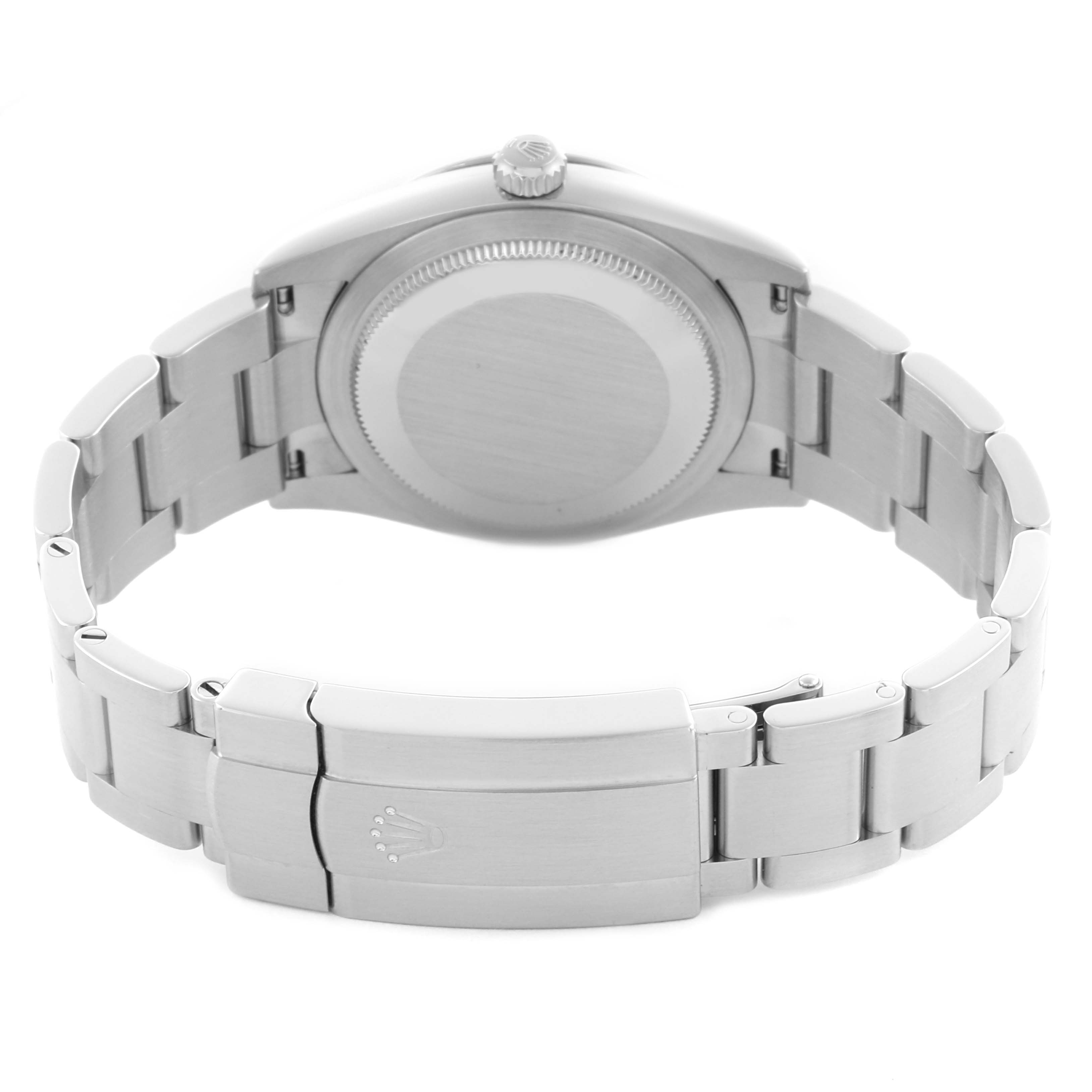 The image shows the back case and bracelet clasp of a Rolex Oyster Perpetual 124200 Men's Stainless Steel Pink Dial 124200 Men's Stainless Steel Pink Dial watch from a rear angle.