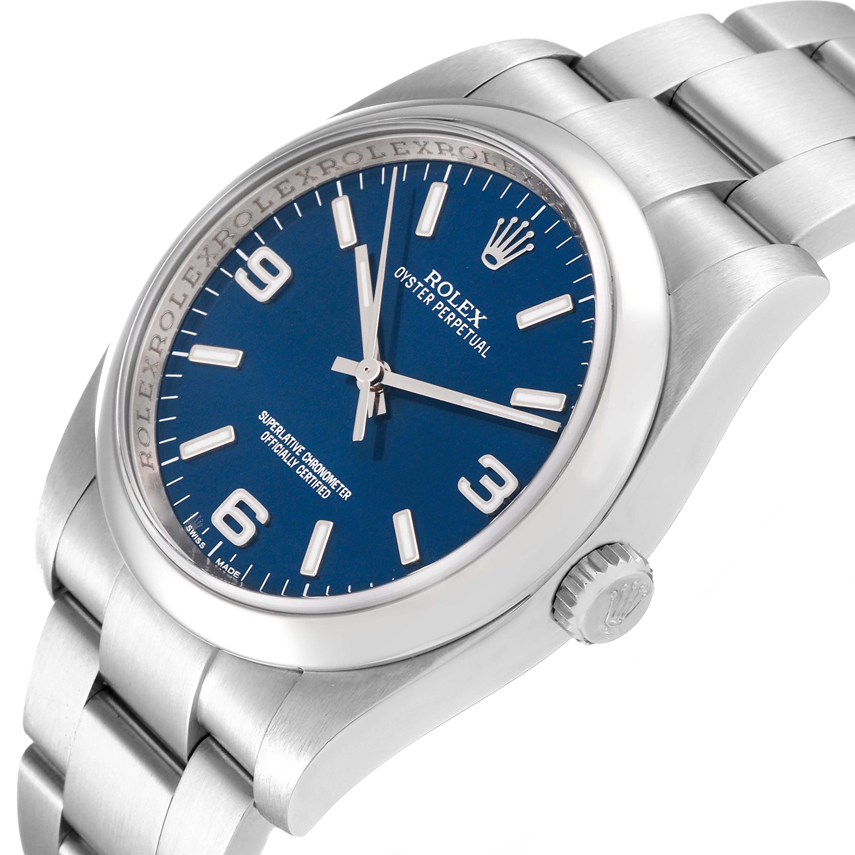 This image shows a Rolex Oyster Perpetual 116000 Men
s Stainless Steel Blue Dial 116000 Men
s Stainless Steel Blue Dial watch from a side angle, highlighting the bracelet, dial, and crown.