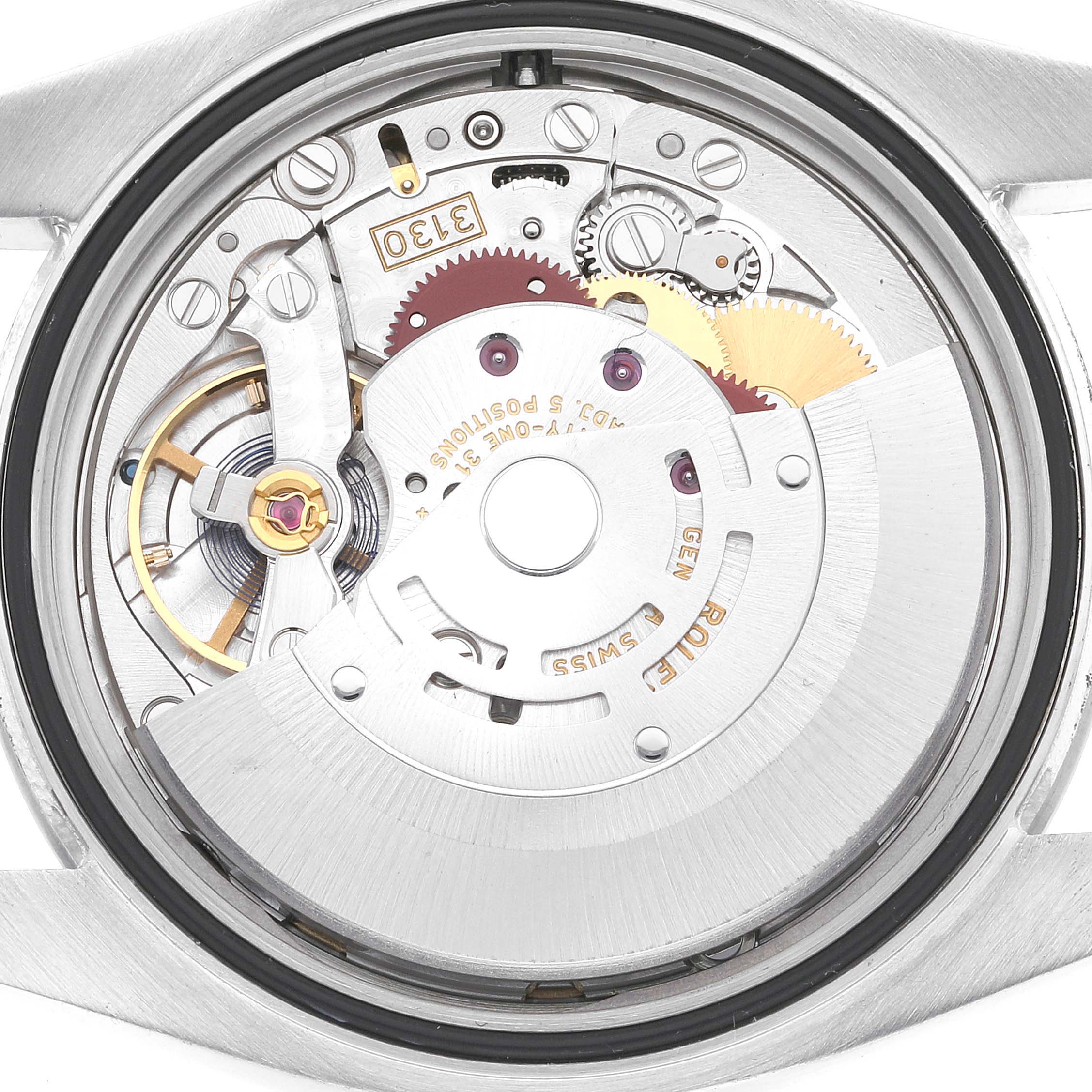 The image shows the internal movement mechanism of a Rolex Oyster Perpetual 116000 Men
s Stainless Steel Blue Dial 116000 Men
s Stainless Steel Blue Dial watch, viewed from the back case.