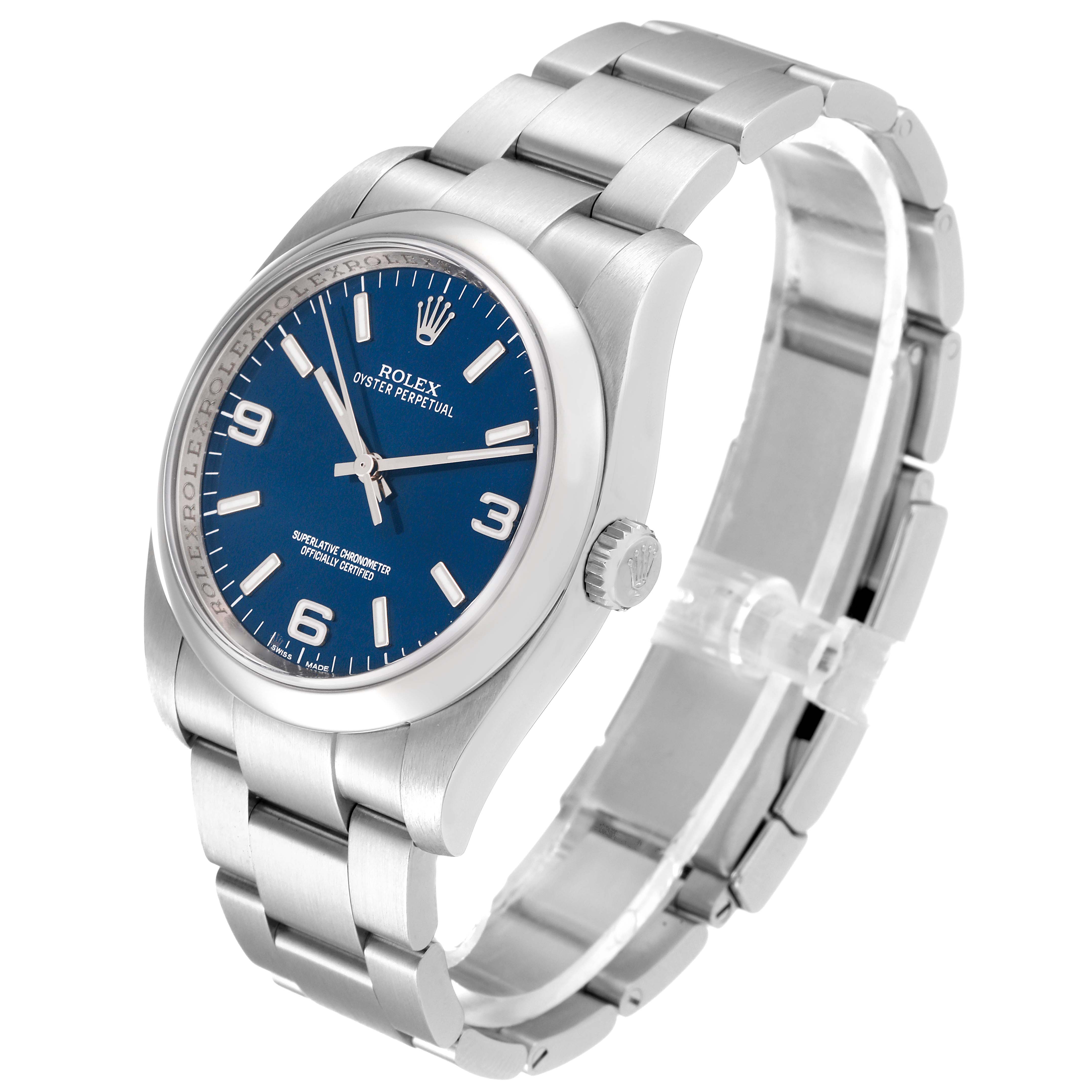 The Rolex Oyster Perpetual 116000 Men
s Stainless Steel Blue Dial 116000 Men
s Stainless Steel Blue Dial watch is shown at a three-quarter angle, highlighting its dial, crown, and bracelet.