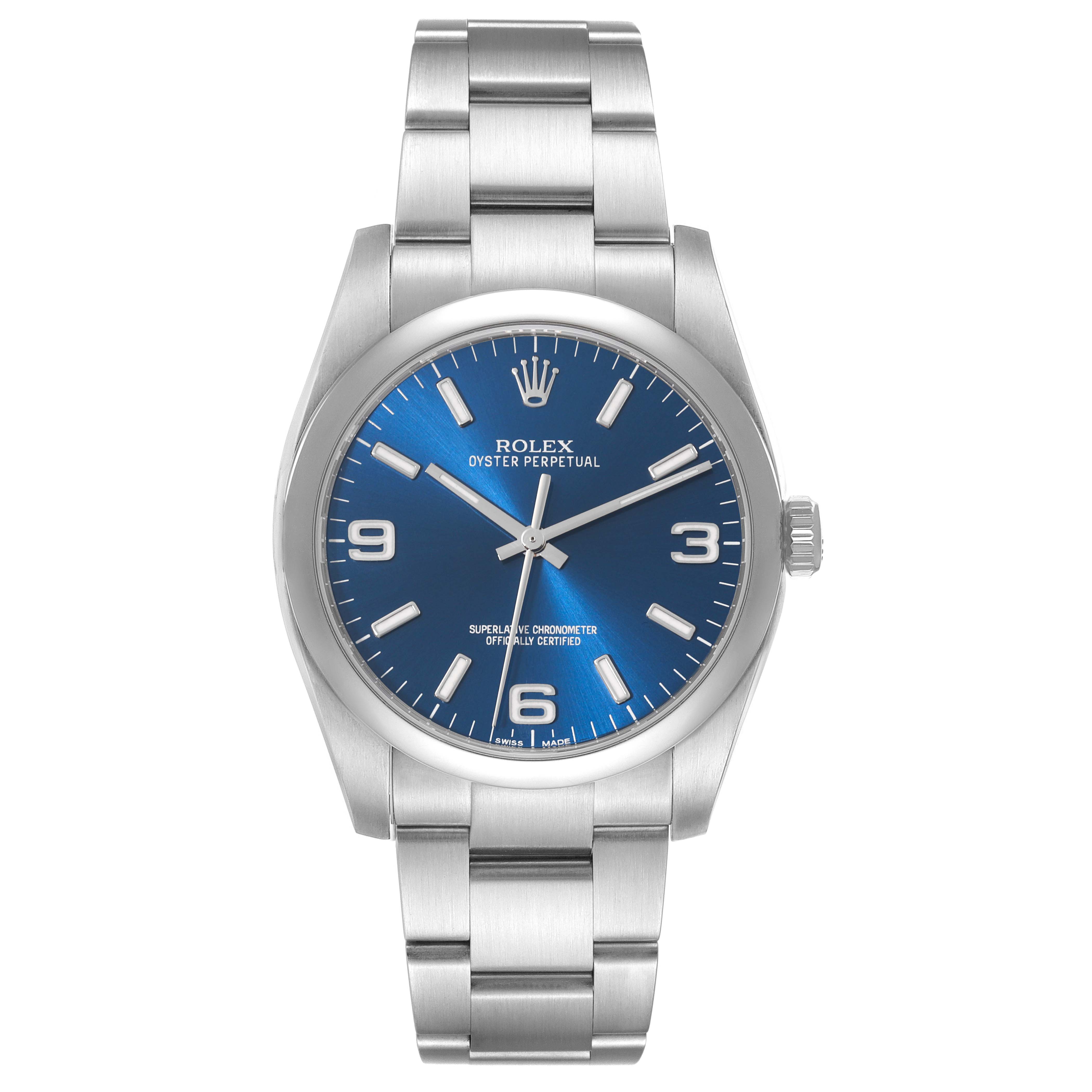 This image shows a front view of a Rolex Oyster Perpetual 116000 Men
s Stainless Steel Blue Dial 116000 Men
s Stainless Steel Blue Dial watch, focusing on its blue dial and stainless steel bracelet.