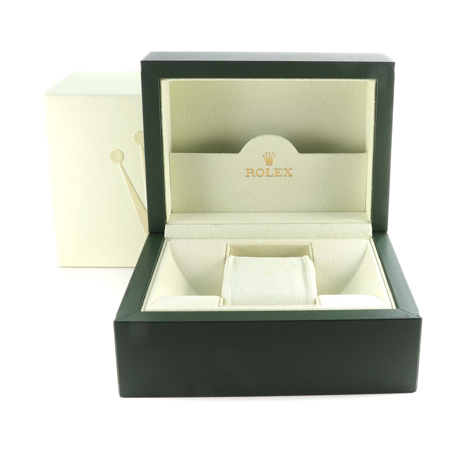 The image shows an open, empty box for a Rolex Oyster Perpetual 116000 Men
s Stainless Steel Blue Dial 116000 Men
s Stainless Steel Blue Dial watch, viewed from the front.