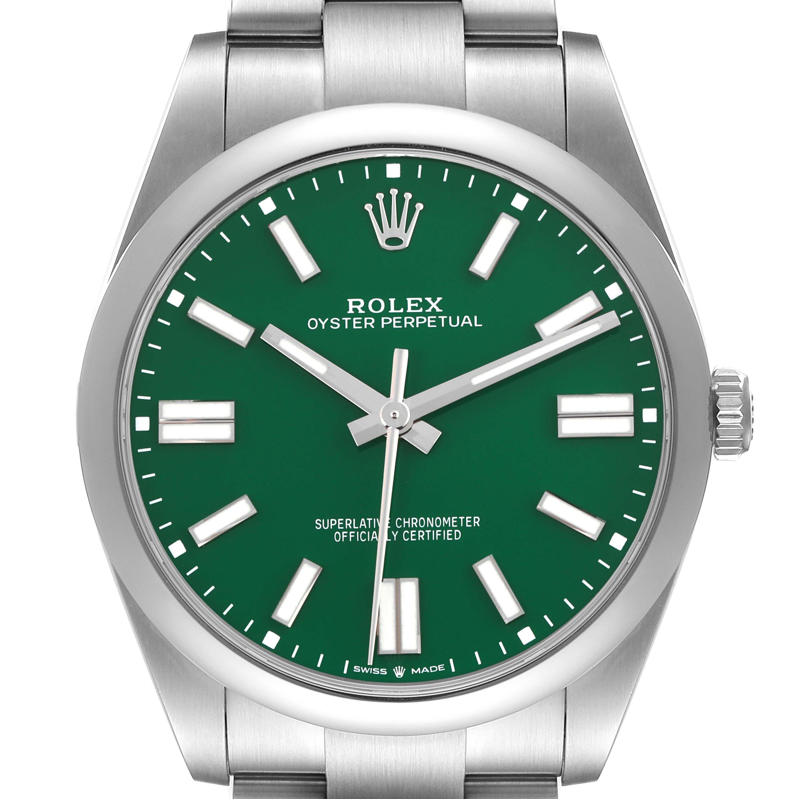 The Rolex Oyster Perpetual 124300 Men's Stainless Steel Green Dial 124300 Men's Stainless Steel Green Dial watch is shown from the front, displaying the green dial and part of the stainless steel bracelet.