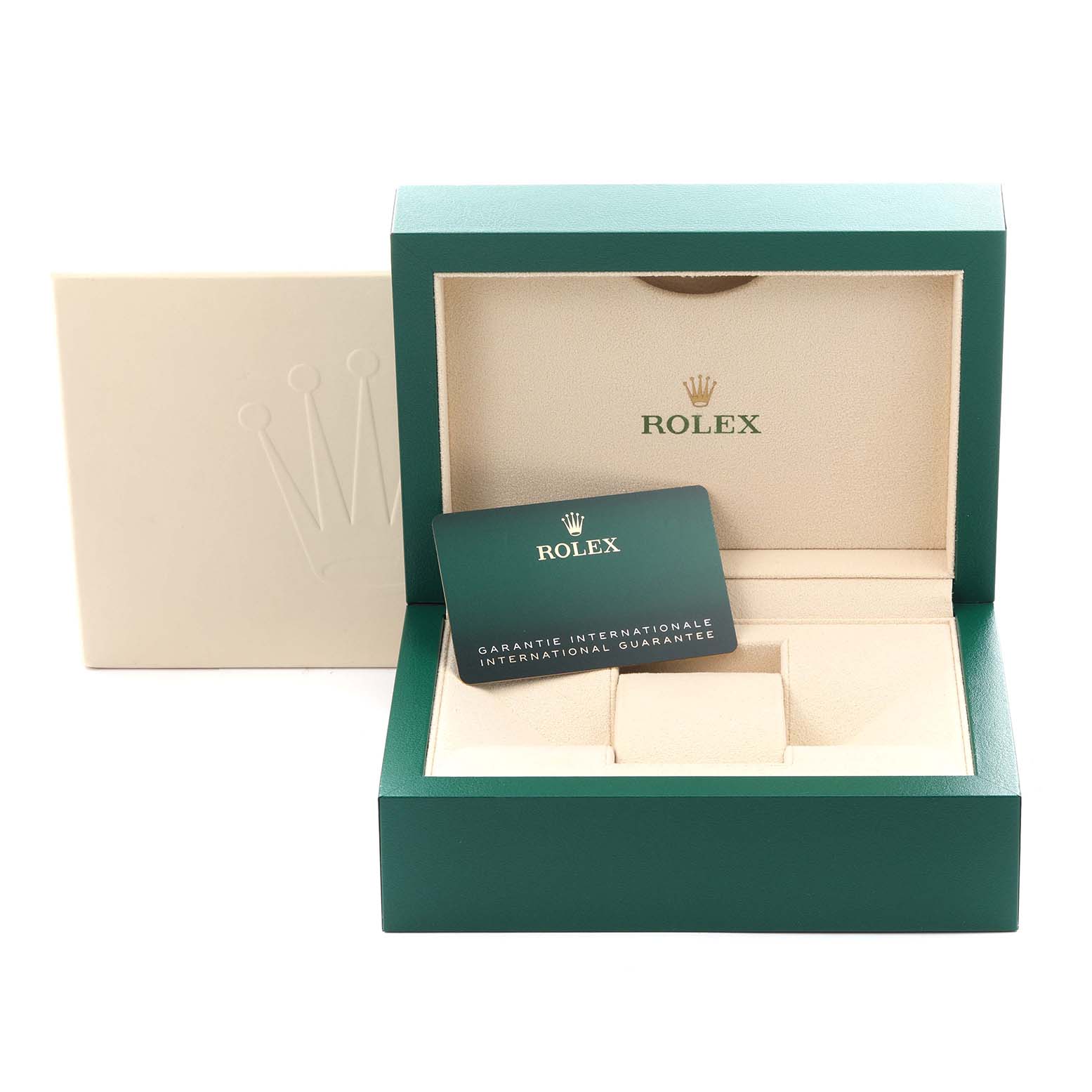 The image shows the green box and guarantee card for the Rolex Oyster Perpetual 124300 Men's Stainless Steel Green Dial 124300 Men's Stainless Steel Green Dial model, without the watch inside.