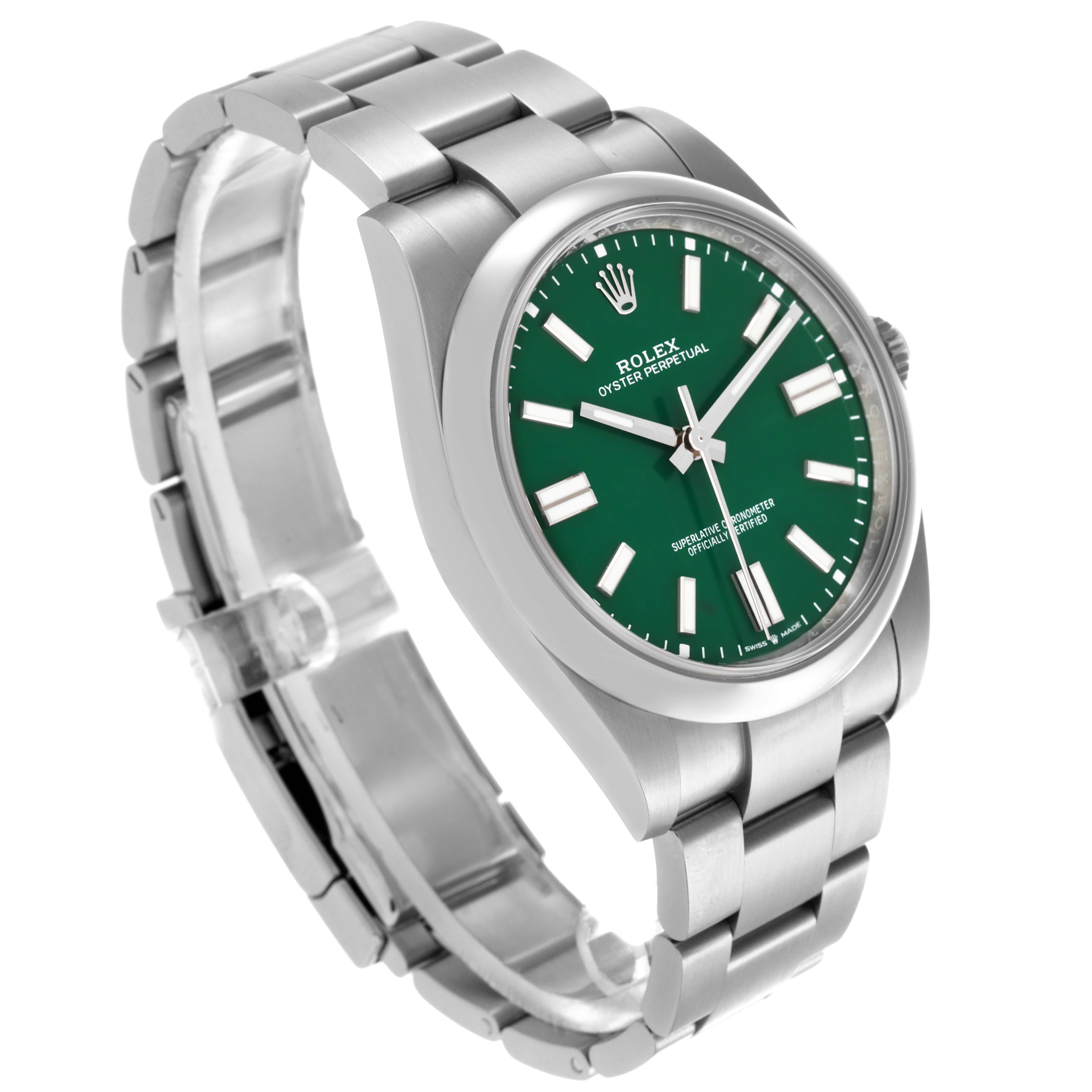 The Rolex Oyster Perpetual 124300 Men's Stainless Steel Green Dial 124300 Men's Stainless Steel Green Dial watch is shown at an angle displaying the face, bezel, crown, and part of the bracelet.