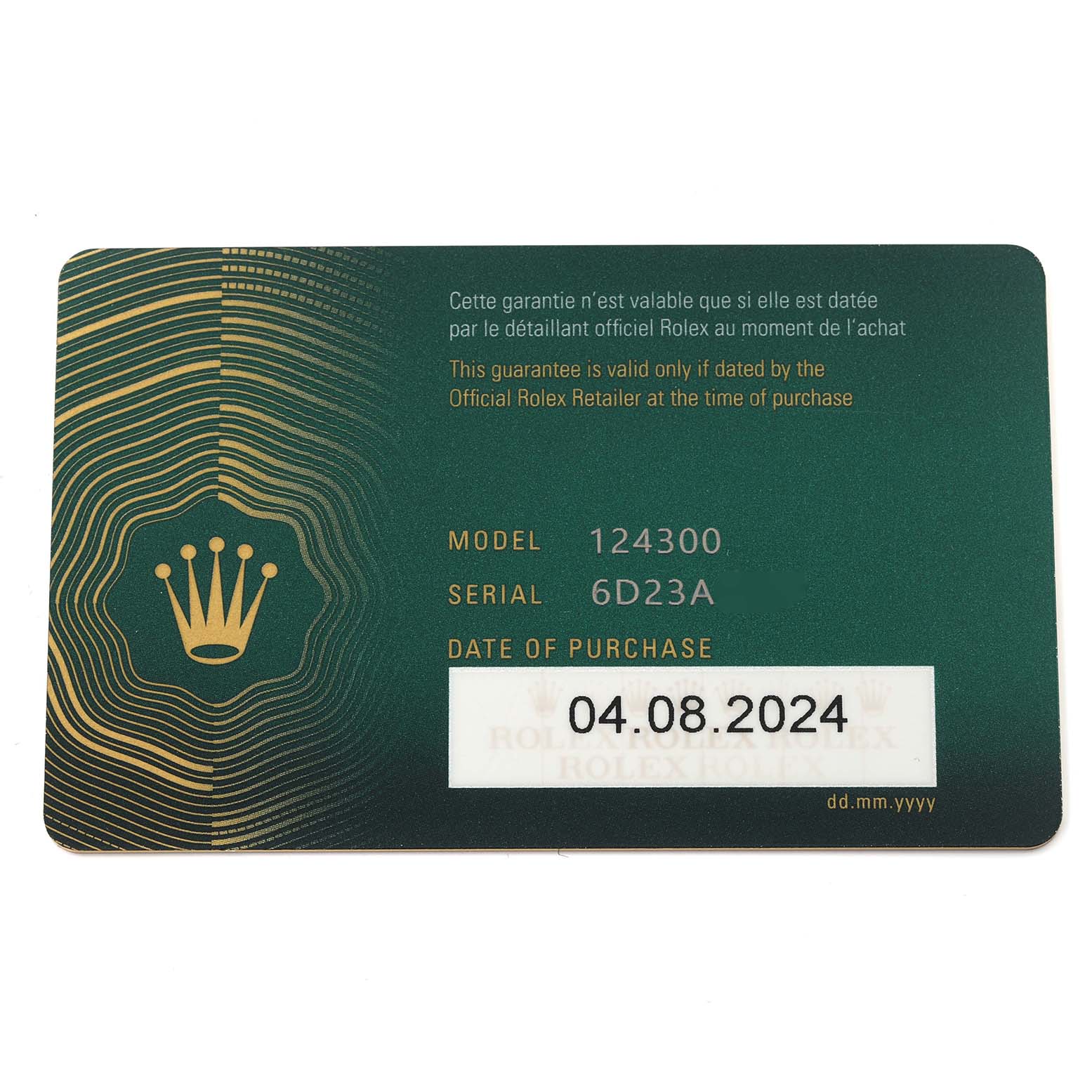 The image shows a Rolex warranty card for the Oyster Perpetual model, displaying model and serial numbers.