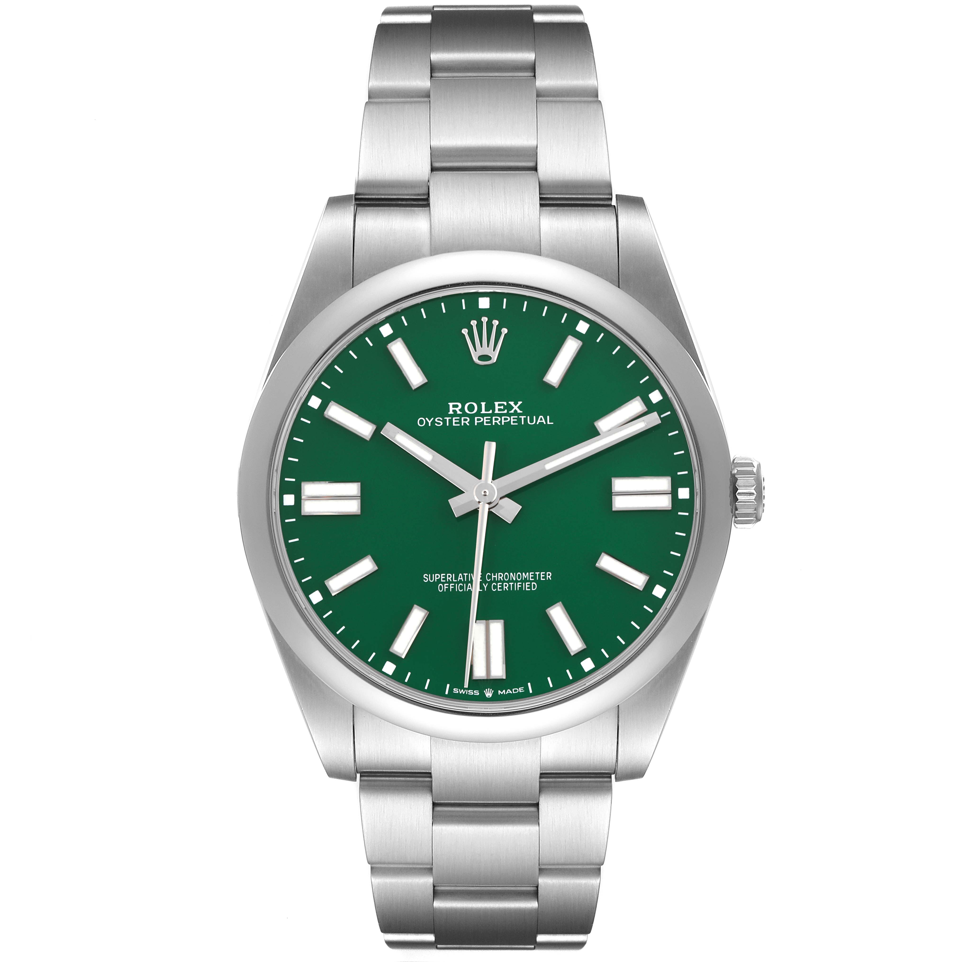 The Rolex Oyster Perpetual 124300 Men's Stainless Steel Green Dial 124300 Men's Stainless Steel Green Dial watch is shown from a front angle, displaying the green dial and metal bracelet.