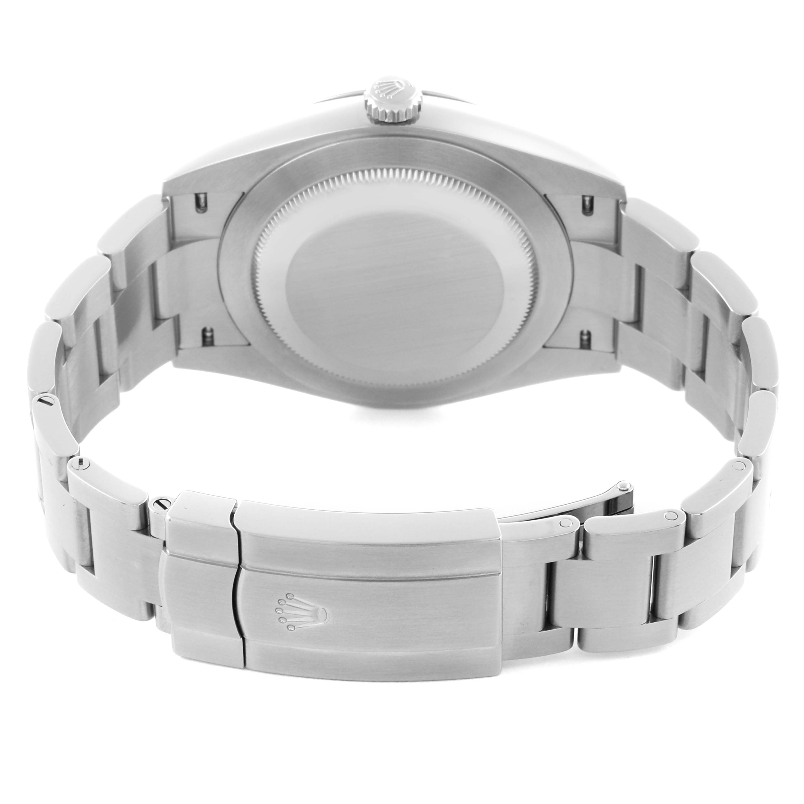 The image shows the back case and bracelet of a Rolex Oyster Perpetual 124300 Men's Stainless Steel Green Dial 124300 Men's Stainless Steel Green Dial, focusing on the clasp and links.