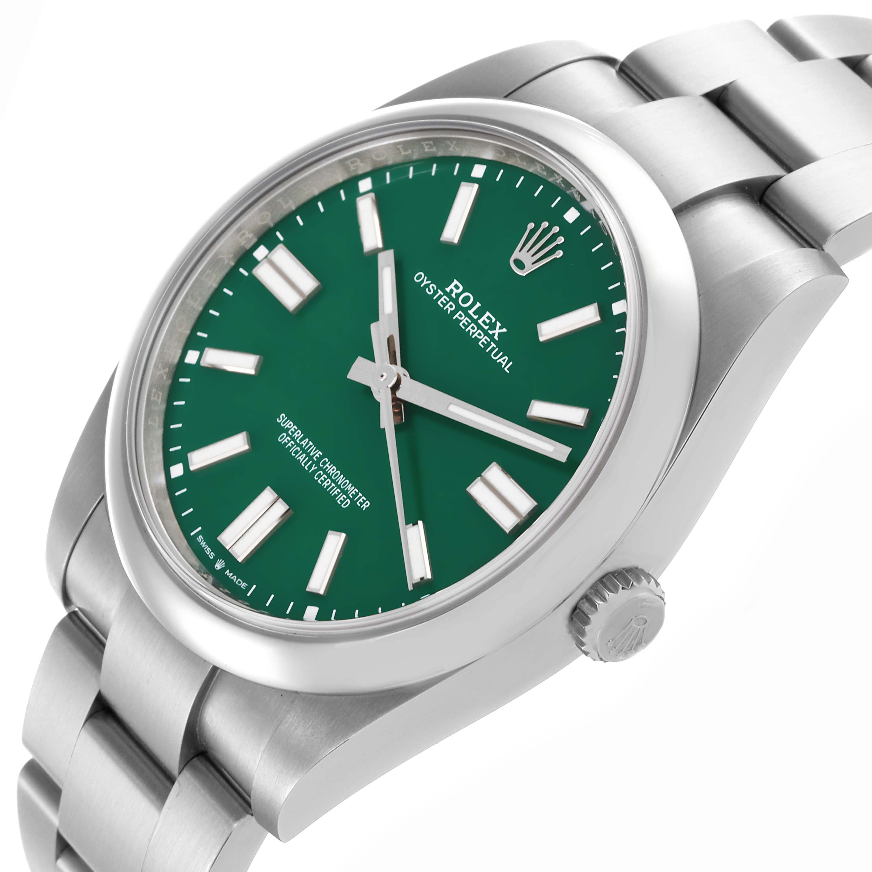 The Rolex Oyster Perpetual 124300 Men's Stainless Steel Green Dial 124300 Men's Stainless Steel Green Dial watch is shown at a slight angle, highlighting its green dial, case, and bracelet.