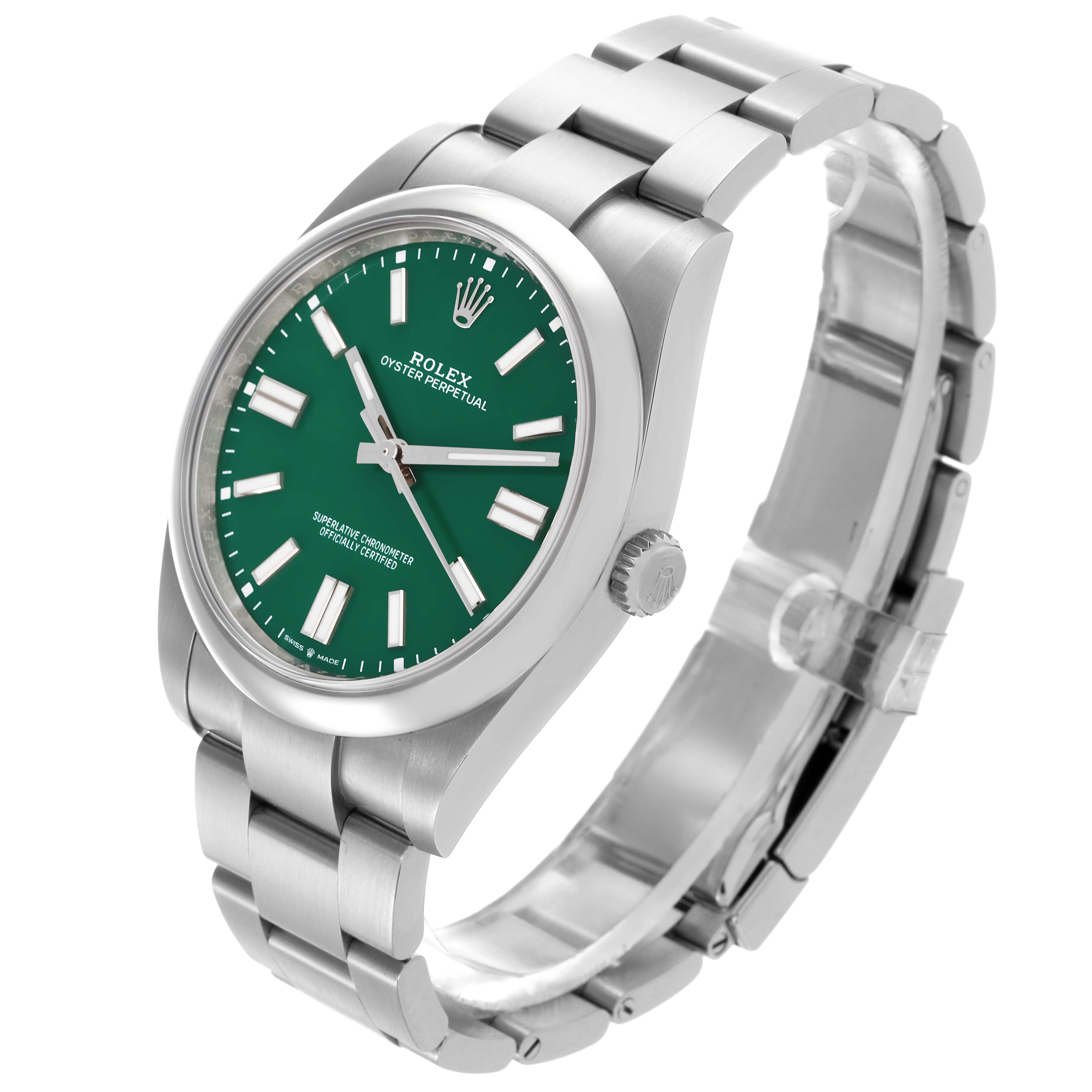 The Rolex Oyster Perpetual 124300 Men's Stainless Steel Green Dial 124300 Men's Stainless Steel Green Dial watch is shown at a three-quarter angle, highlighting the face, bracelet, and crown.
